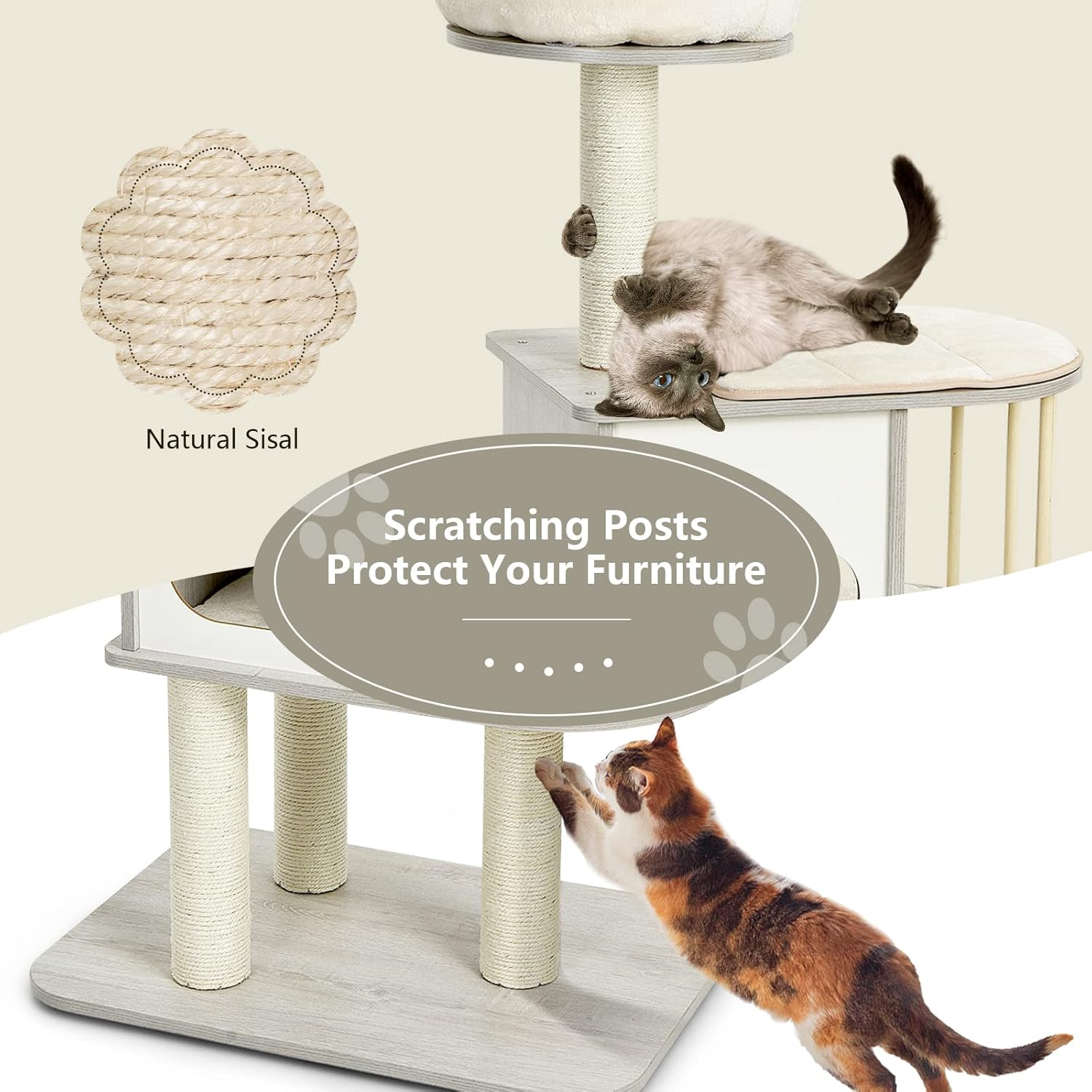 Costway 117 Cm Wooden Cat Tower W/ Scratching Sisal Posts, 4-Tier Cat Tree W/ Condo, Stable Structure, Free Cushion, Platform, Protective Pine Wood Rail, Perch W/ Cat Bed, Small Cat Play House Combo for 1-2 Cats