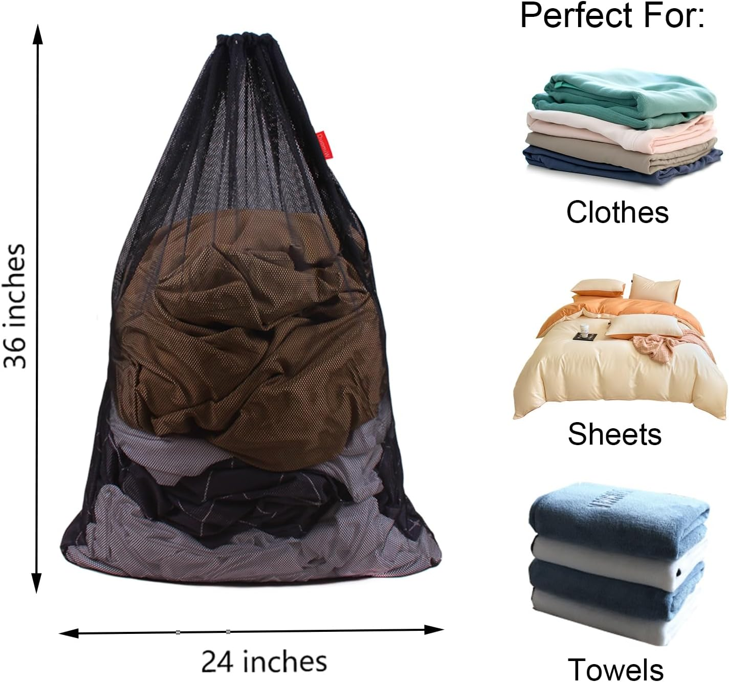 Duomiw Mesh Laundry Bag Heavy Duty Drawstring Bag, Factories, College, Dorm, Travel and Apartment Dwellers, 24 X 36 Inches, 2 Pack, Black