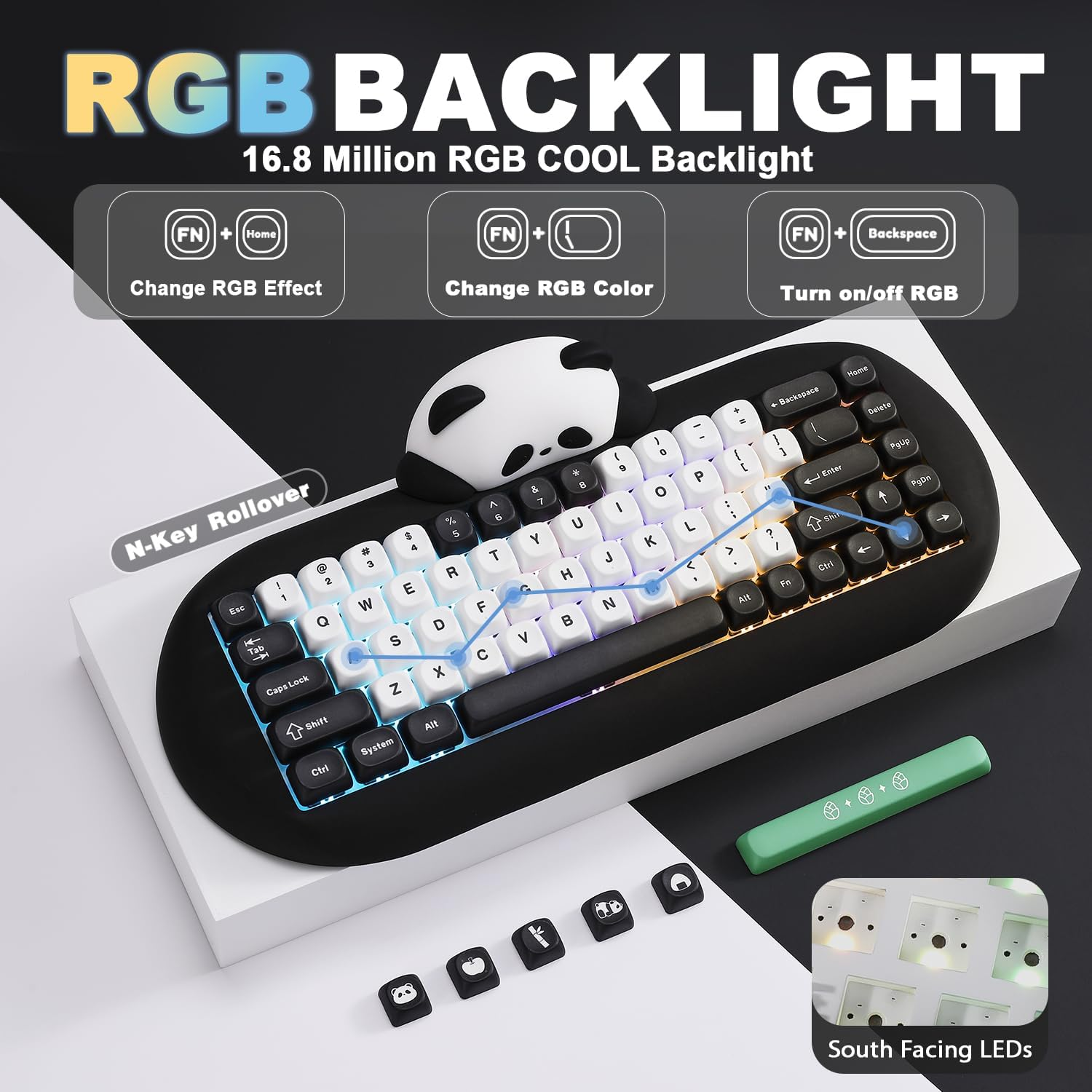 YUNZII C68 Panda Wireless Mechanical Gaming Keyboard, 68 Keys Cute Keyboard with PBT Keycaps, RGB Backlit, Hot Swappable Creamy Keyboard with Bt5.0/2.4G/Wired for Win/Mac(Panda Switch,Black) image number 6