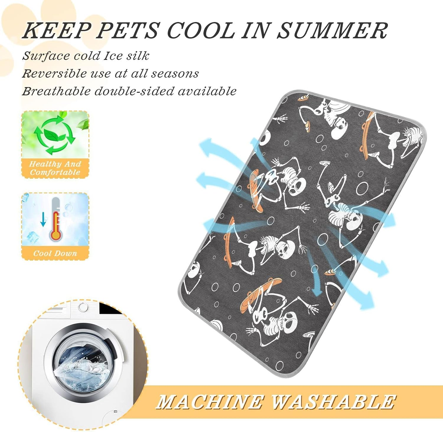 AIXIWAWA Skateboard Skulls Pet Cooling Mat for Cats Dogs Print, Summer Self Cooling and Sleeping Pad Small Size Non Toxic image number 6
