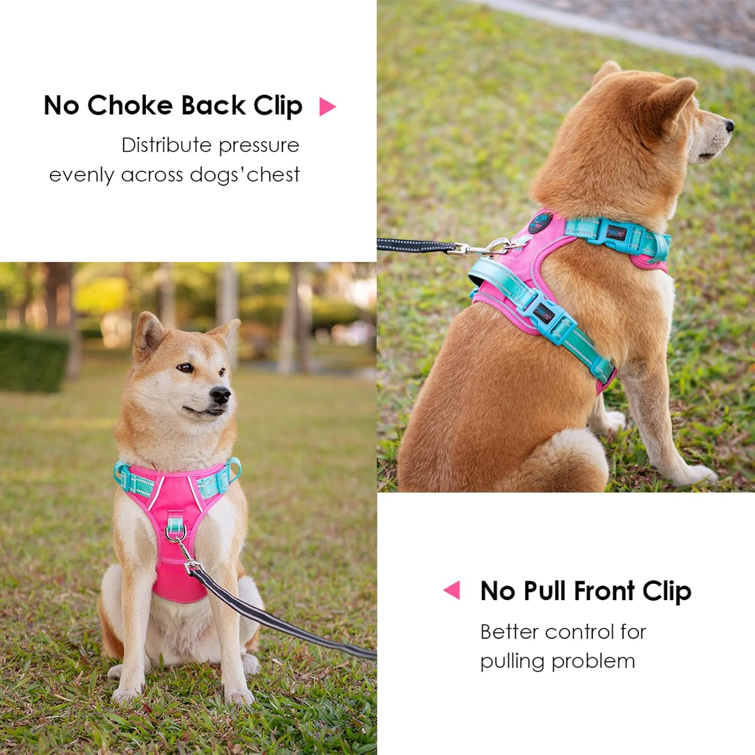 PHOEPET No Pull Dog Harness, Unique Colors Reflective Adjustable Dog Vest, with Soft Training Handle Metal Clips for Small Medium Large Dogs (Pink Base & Green Straps,M) image number 5