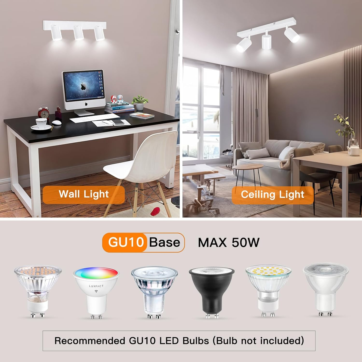 Ketom 3 Way Rotatable White GU10 Spotlight Ceiling Lights, Modern Kitchen & Living Room Lighting, 6W LED, 1 Pack image number 2