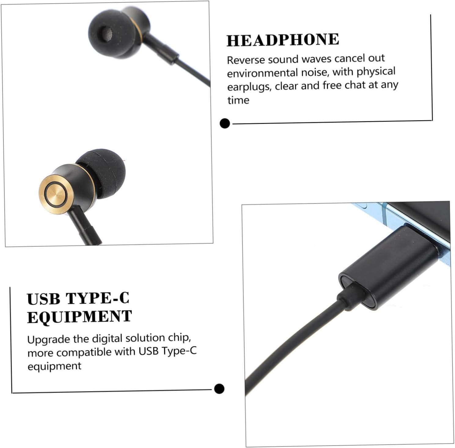 KALLORY Usb-C Headphone Wired In-Ear Earphone Key Control Noise Canceling Stereo Sound for Phone and Tablet Ergonomic Fit Black
