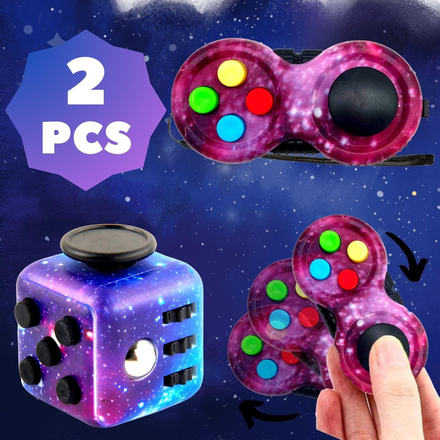 2 X Anti-Stress Cube Toy, Fidget Toy Cube, Fidget Pad Controller for Stress Relief for Nervousness for ADD, ADHD, Autism, Teenagers, Children, Adults (Galaxy) image number 4