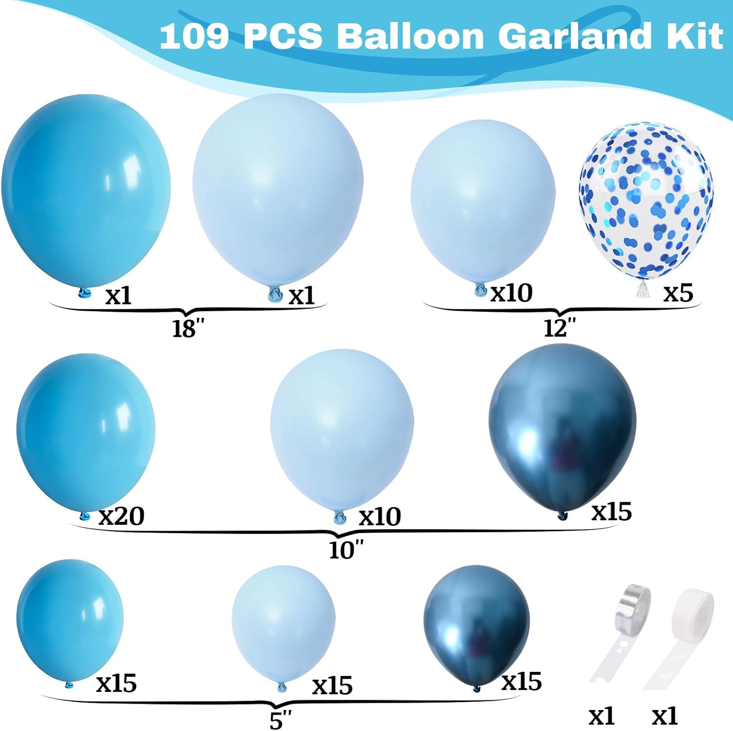 Blue Balloon Garland Arch Kit, 109 PCS Shades of Blue Balloons Set with Metallic Blue Balloons Macaron Light Baby Blue Confetti Balloons for Wedding Boys Baby Shower Birthday Ocean Party Decoration