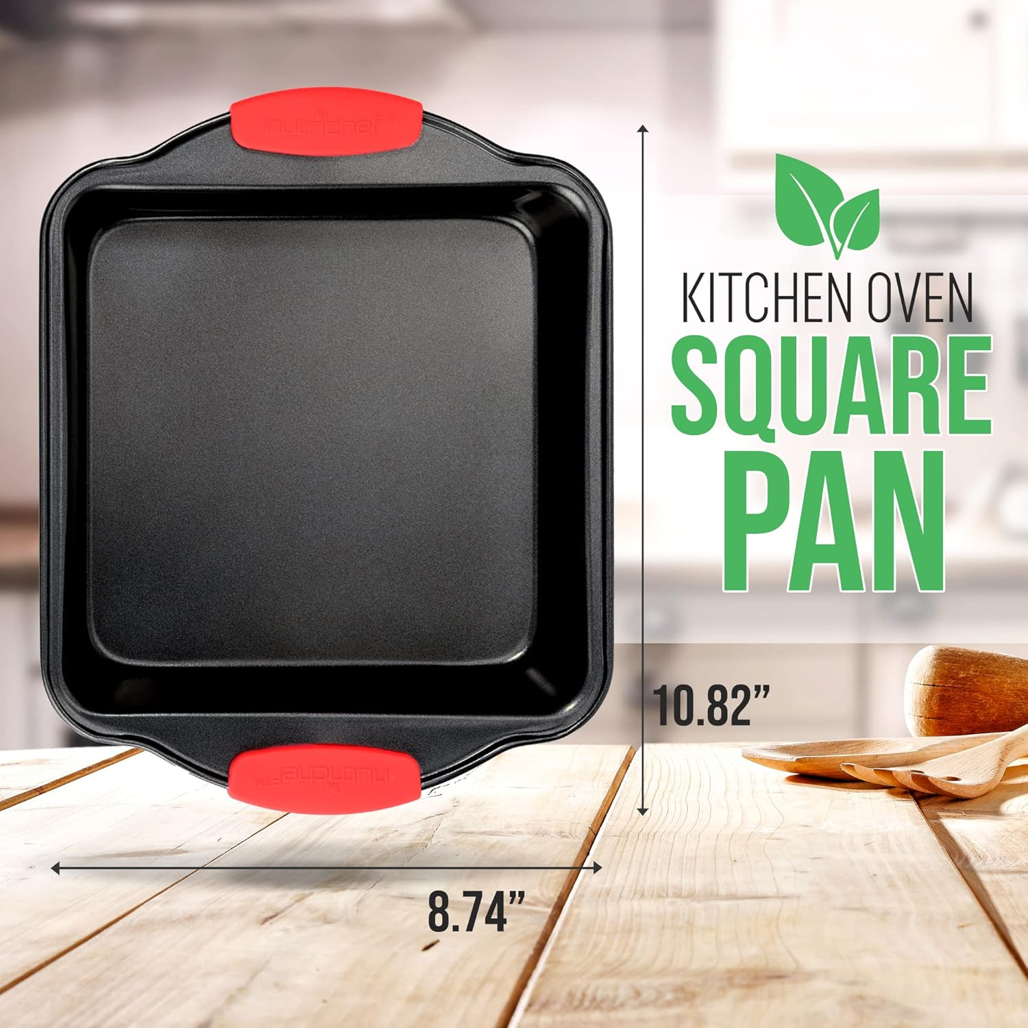 Nutrichef Jovial Non Stick Cake Square Pan, Deluxe Gray Carbon Steel Pan with Red Silicone Handles, for Cooking & Baking Cake Loaf, Muffins & More, Compatible with Model NCSBS10S, NCSBS8S, NCSBS6S image number 1