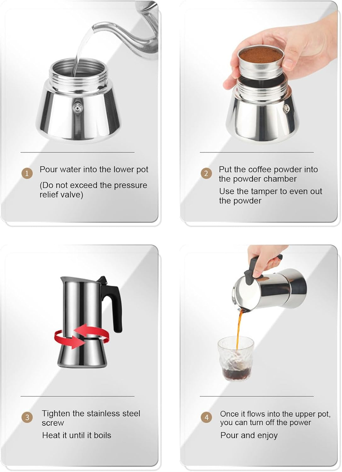 Stainless Steel Moka Pot, Stovetop Coffee Maker with 2 Cups Capacity, Portable Italian Induction Coffee Machine for Home Office Use image number 3