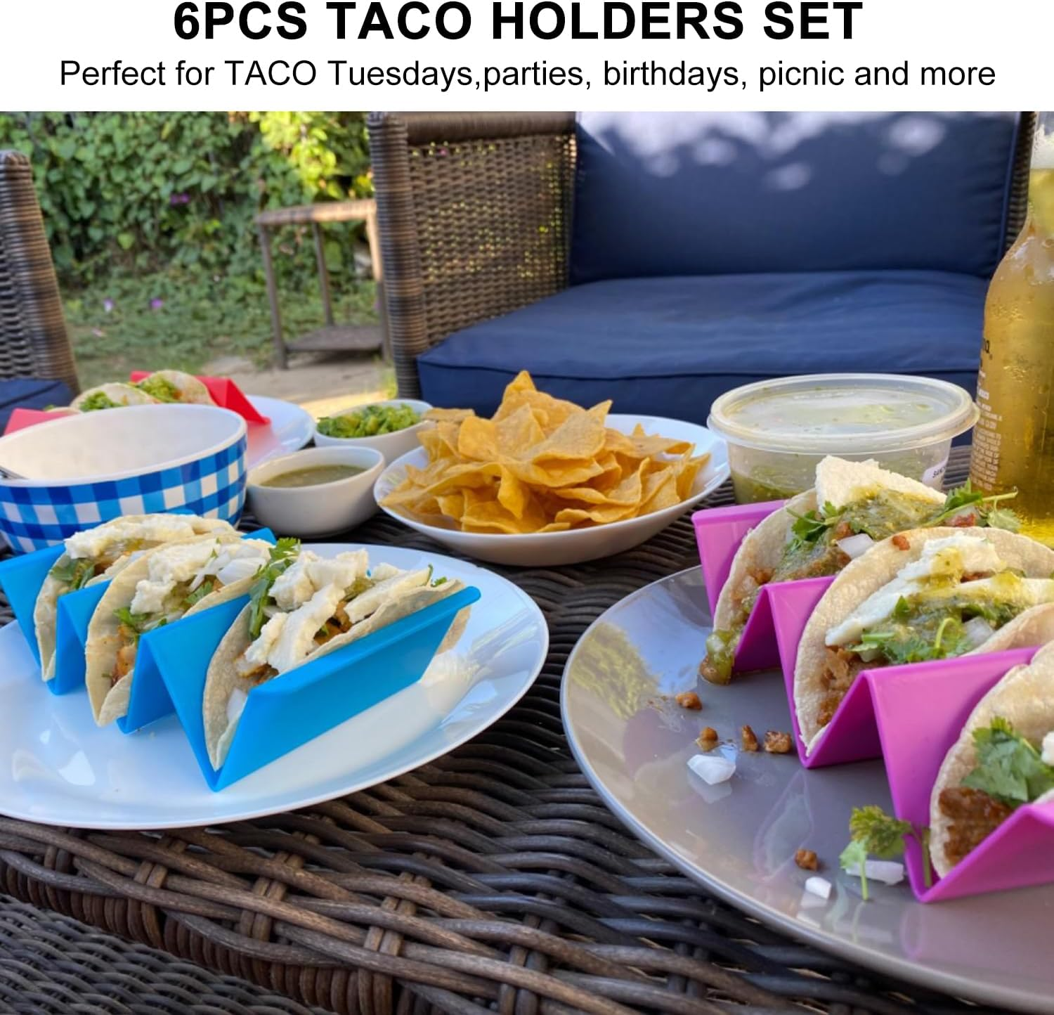 Colorful Taco Holders Set of 6,Taco Tray Plates with Handle,Each Can Hold 2 or 3 Tacos,Dishwasher and Microwave Safe (Yellow) image number 2