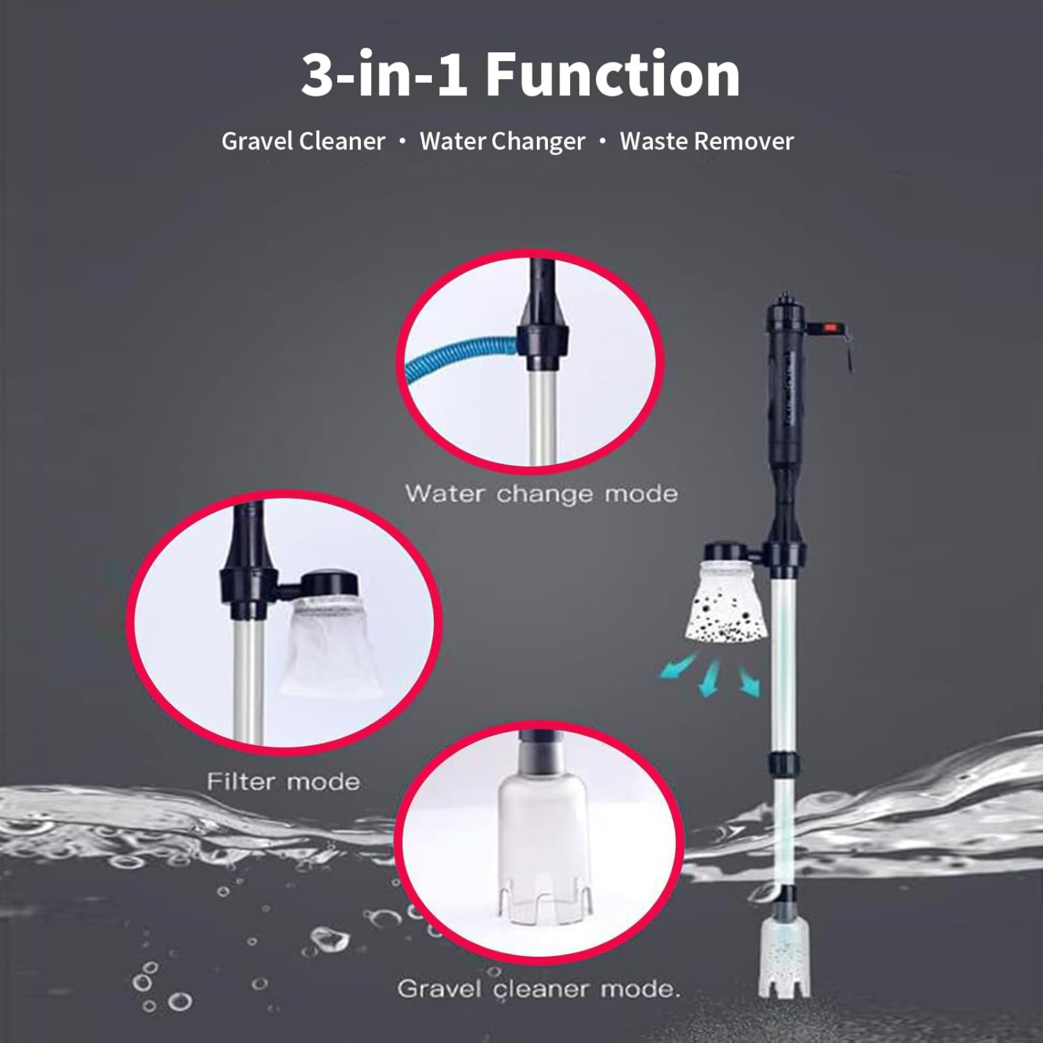 Electric Aquarium Gravel Vacuum, Fish Tank Cleaner for Easy Water Change & Gravel Cleaning, Multi-Function Vacuum for Fish Tanks, Ponds & Turtle Tanks image number 4