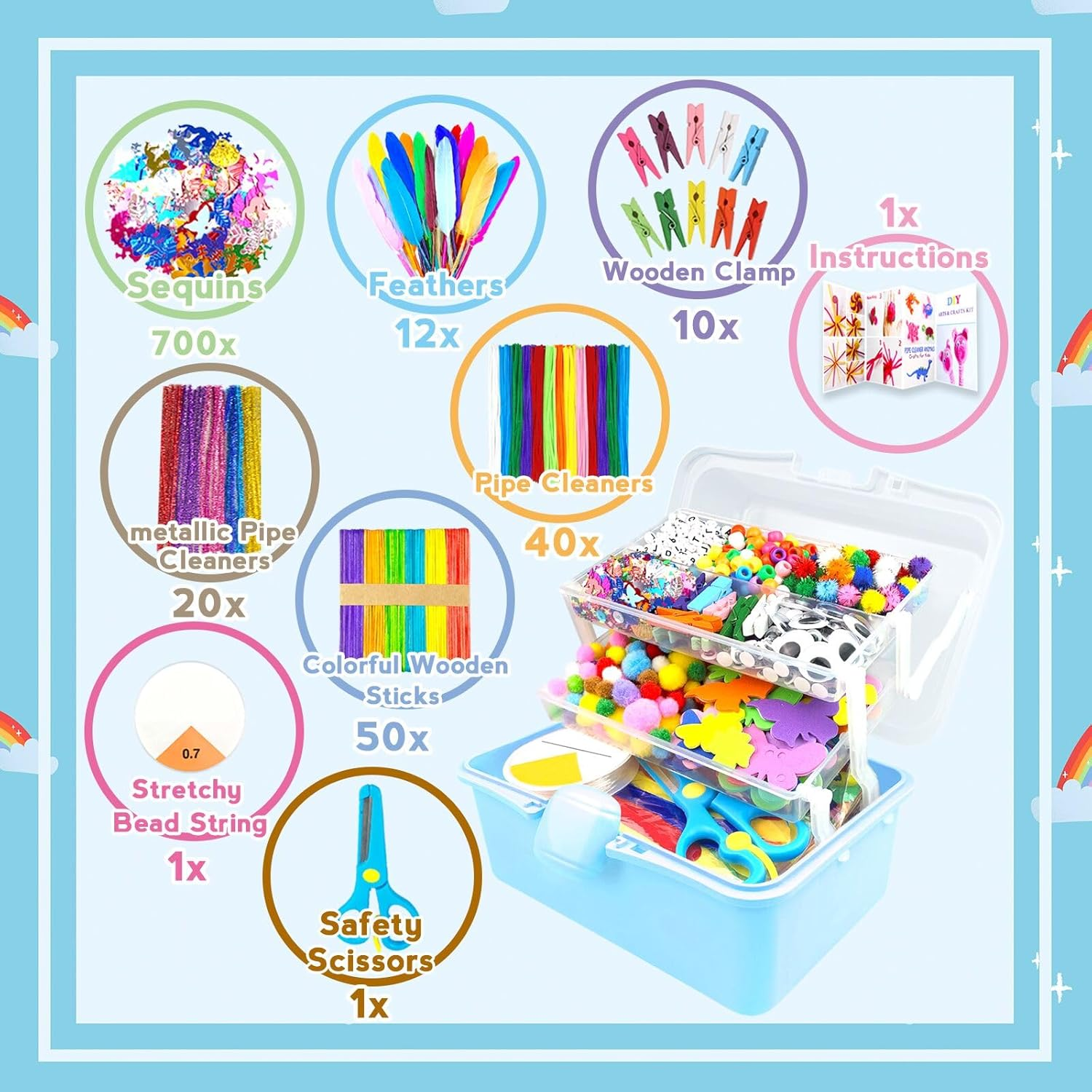 Arts and Crafts Supplies for Kids Crafts Kit with Pipe Cleaners DIY Crafts for Kids Art School Supplies Materials All in Crafting Box Craft Supply Set Gifts for Kid Girls Boys Age 4-8, 8-12