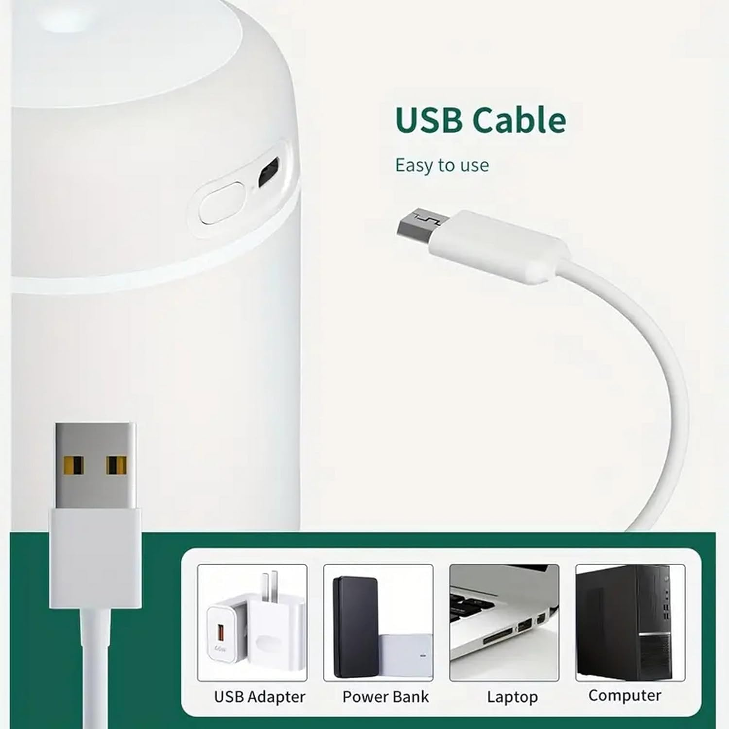 Portable Mini Humidifier, Colorful, Cool Mist, USB Powered. Perfect for Bedroom, Office & Car (300Ml, Black) - White image number 5