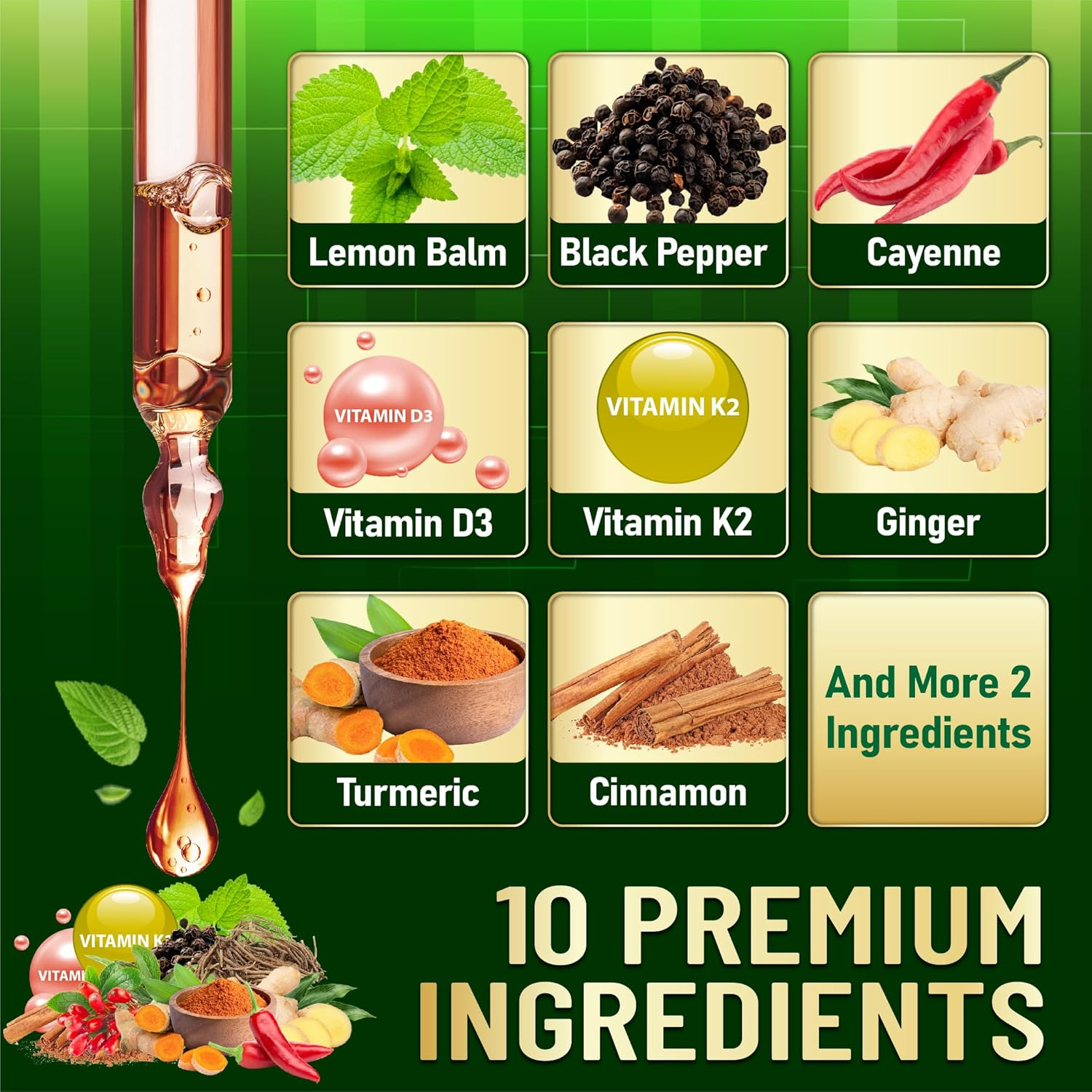 10In1 Lemon Balm Liquid Drops Blend Includes Lemon Balm, Ginger, Turmeric, Ceylon Cinnamon, Black Pepper, Cayenne Pepper, Berberine - Support Digestion, Mood - 1 FL Oz - 2 Month Supply