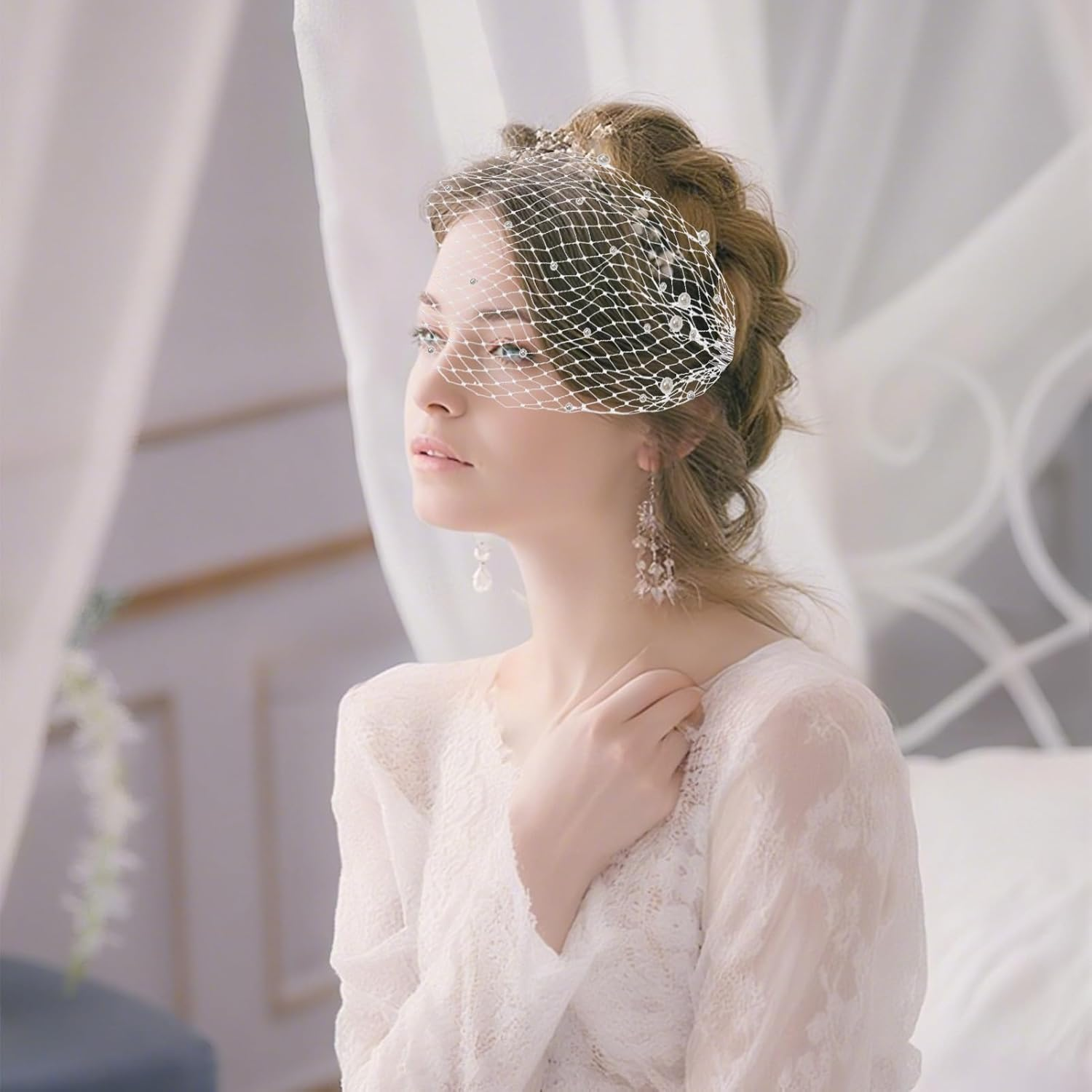 NICENEEDED 1920S Flapper Fascinator Net Veil White Bird Cage Face Veil Fascinator Veil for Bridal Weddings Tea Party for Women