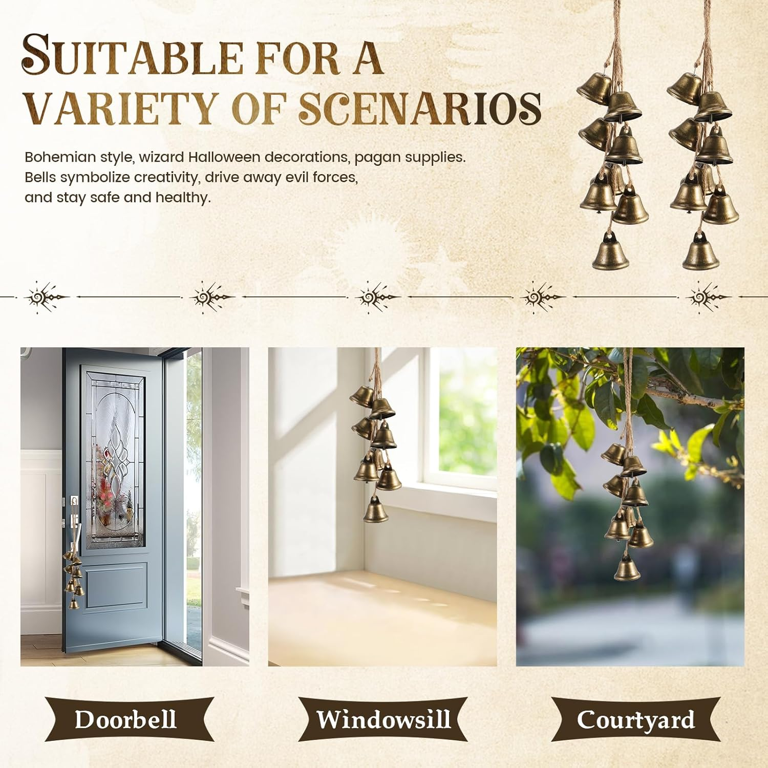 2 Pack Witch Bells Protection for Door Knob - Outdoor Hanging Wind Chimes, Clear Negative Energy, Witchy Things, Wiccan Bell Gifts (Classic) image number 4