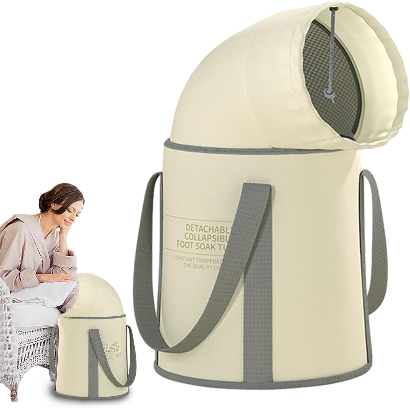 Foot Soaking Bucket | Foldable Foot Bath Basin Bag,Feet Soaking Tub, Foldable Pedicure Bag, Portable Foot Soak Foot Tub with Handle, Foot Spa Bucket for Laundry, Camping, Travel Pouxa - Beige Without Lid image number 4