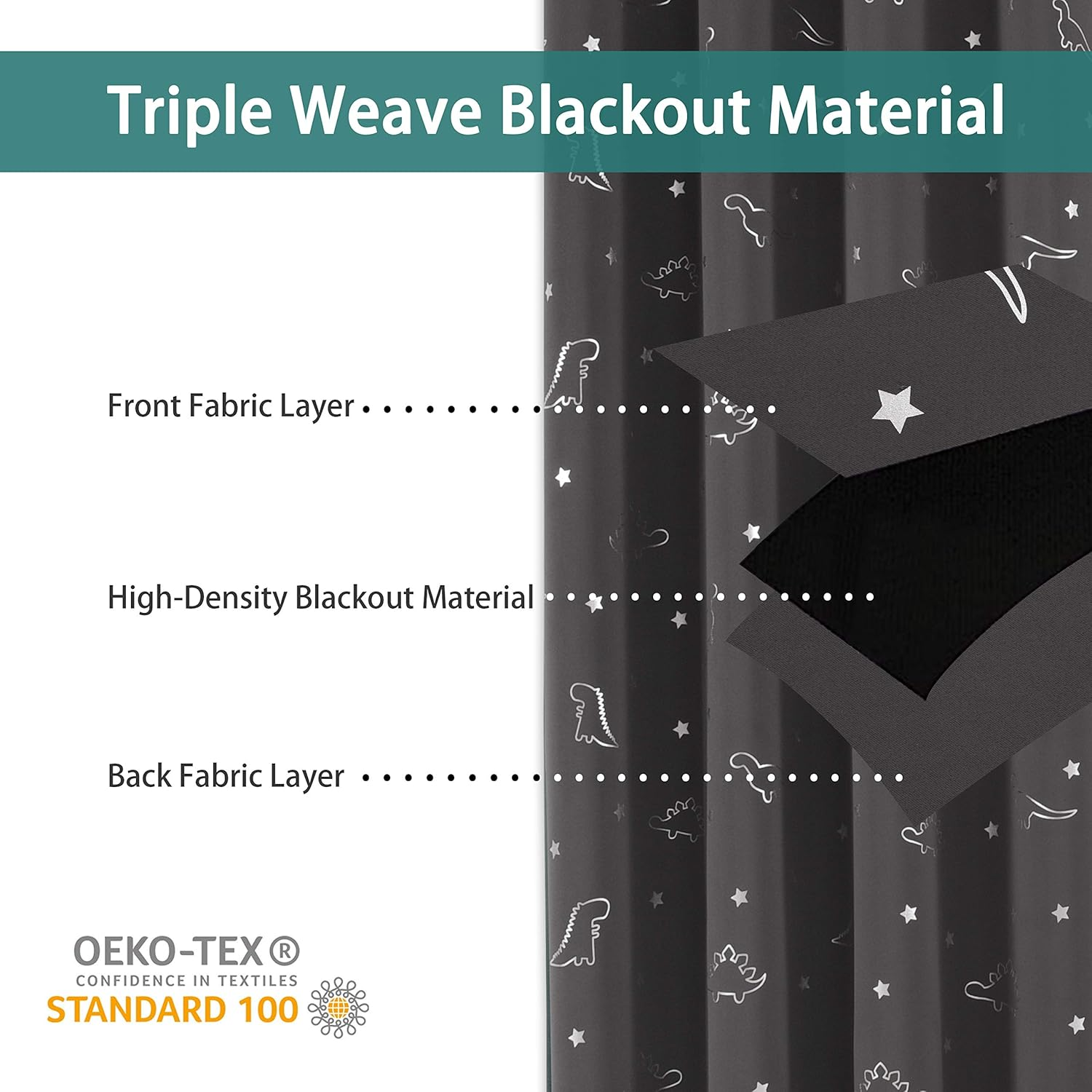 LORDTEX Dinosaur and Star Foil Print Blackout Curtains for Kids Room - Thermal Insulated Curtains Noise Reducing Window Drapes for Boys and Girls Bedroom, 42 X 63 Inch, Grey, Set of 2 Panels image number 3