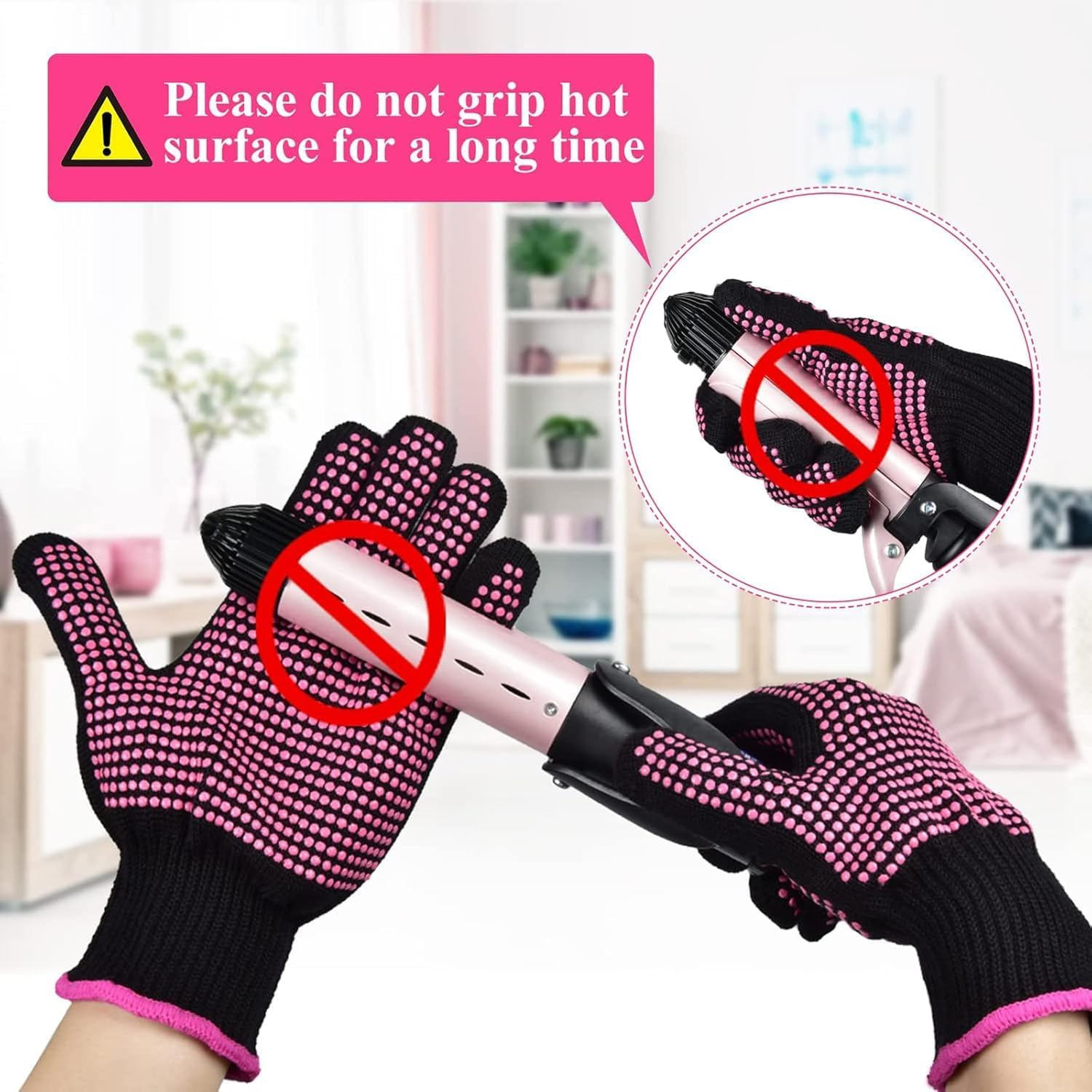 2Pcs Professional Heat Resistant Glove with Silicone Bumps for Hair Styling Curling Iron Wand Flat Iron Hot-Air Brushes Prevent Palm Burns image number 3