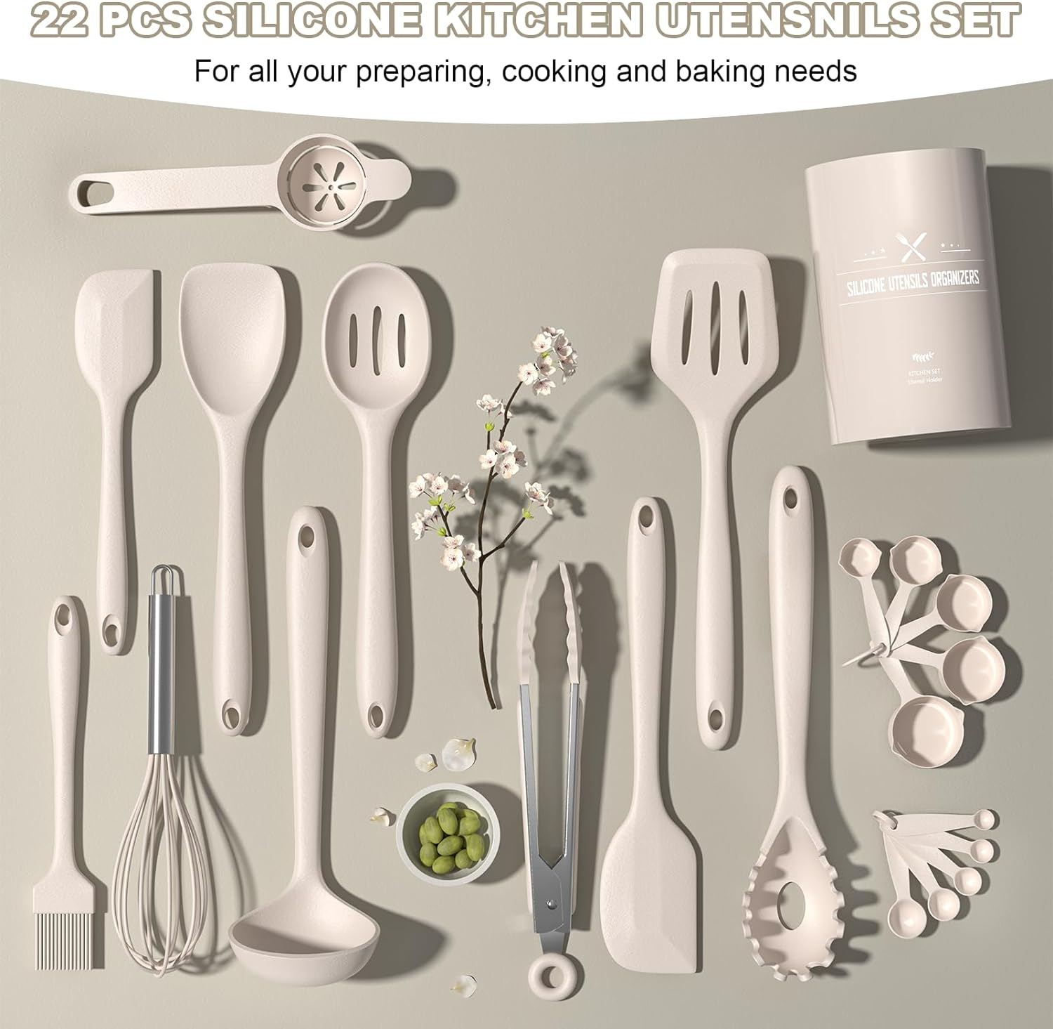 Umite Chef Silicone Kitchen Cooking Utensils Set, 22Pcs Heat Resistant Kitchen Utensils, Spatula, Spoon, Whisk, Dishwasher Safe Kitchen Utensil Gadgets Tools Set for Nonstick Cookware(Khaki) image number 6