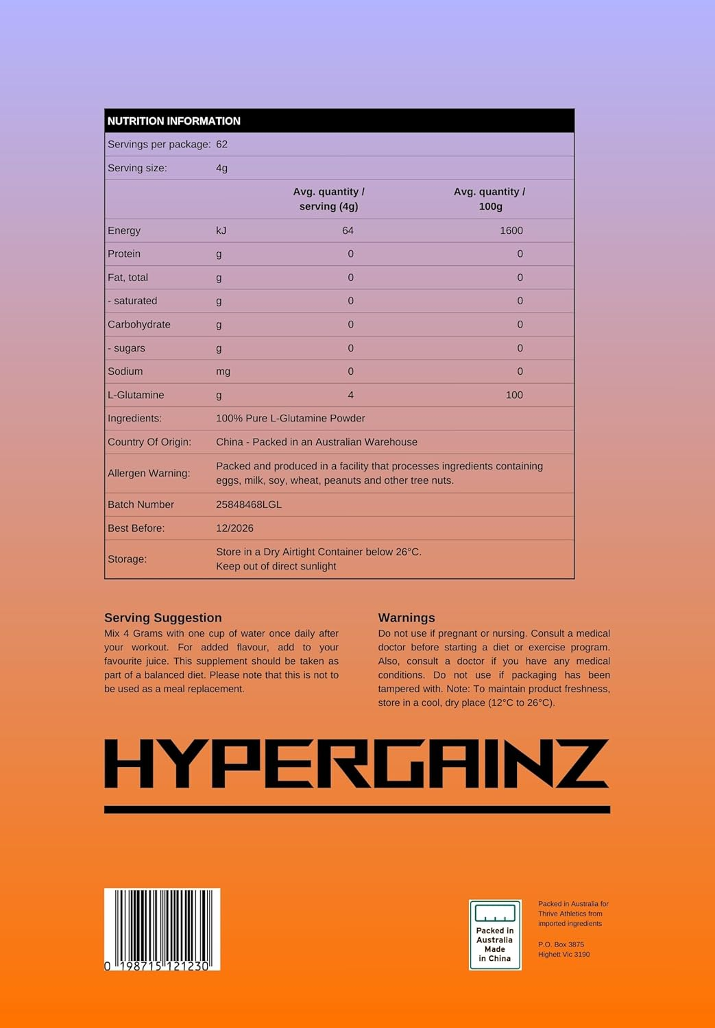Hypergainz L-Glutamine Pure Amino Acid Powder Micronised L Glutamine Premium Quality 250G image number 2