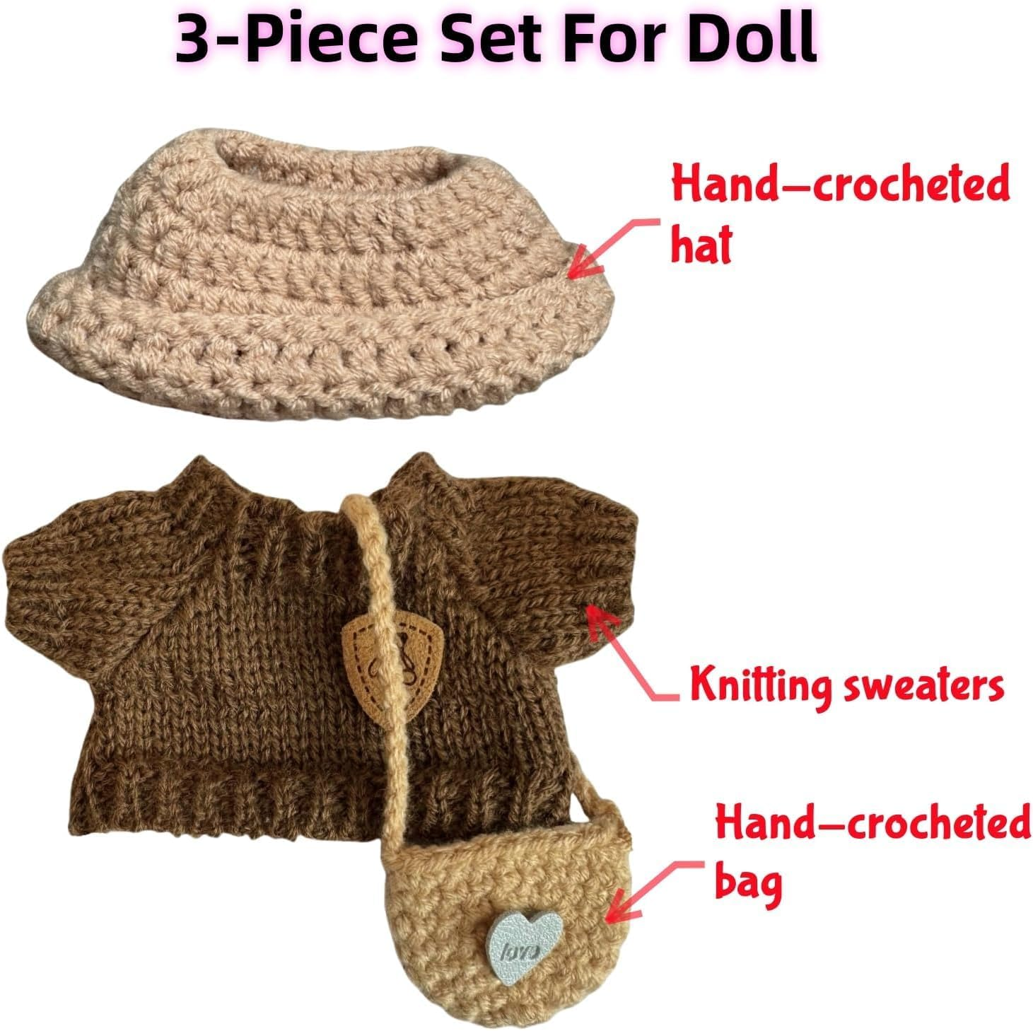 3-Piece Handcrafted Crochet Doll Clothes - Compatible with Labubu 5.91-6.7Inch (15-17Cm) Dolls as Accessories, Premium Dolls Outfit with Accessories, Hand Crocheted Hat, Sweaters, Bag image number 2