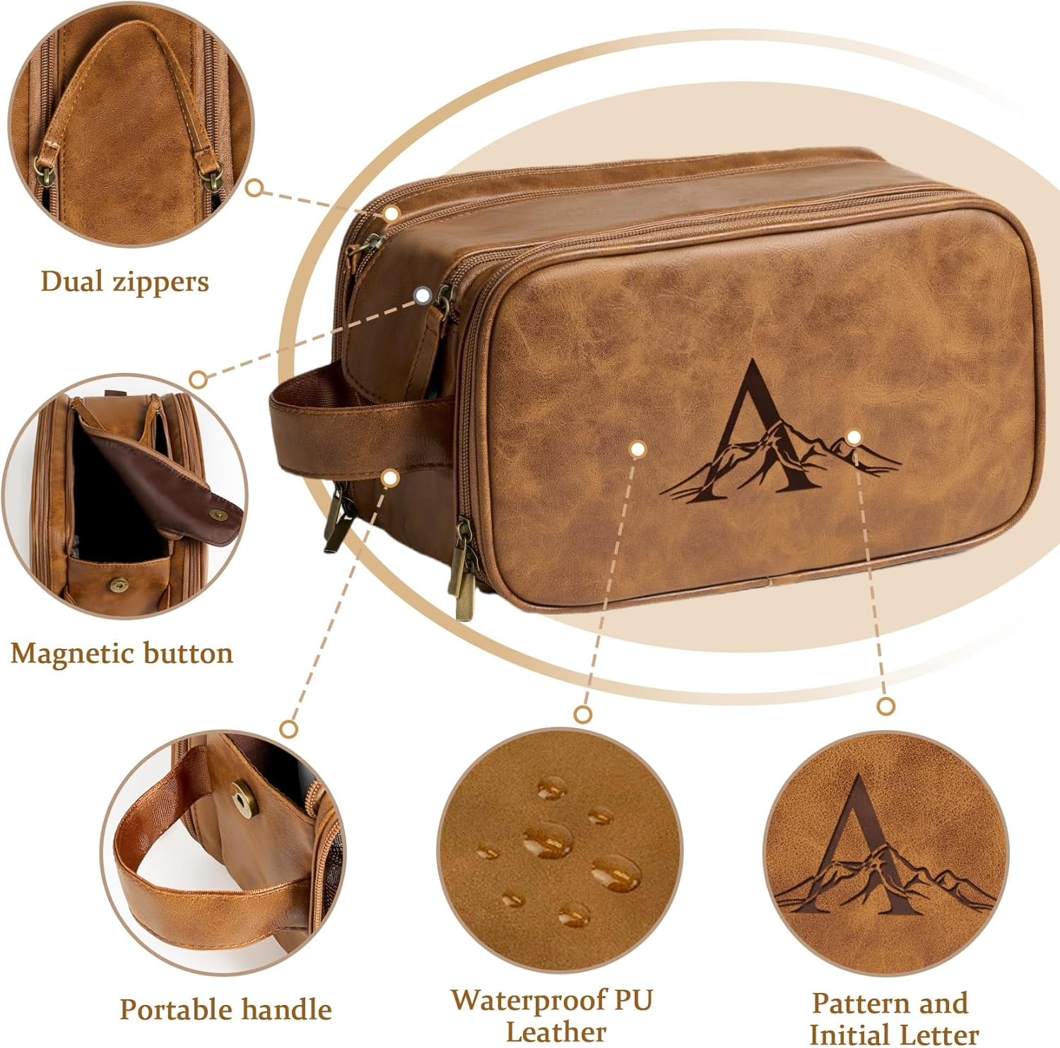Janhavi Toiletry Bag for Men Waterproof, Groomsmen Gifts Personalized Leather Engraved Initials & Mountain, Mens Toiletry Travel Bag, Anniversary Gifts for Men, Travel Tssentials, Brown, M image number 7