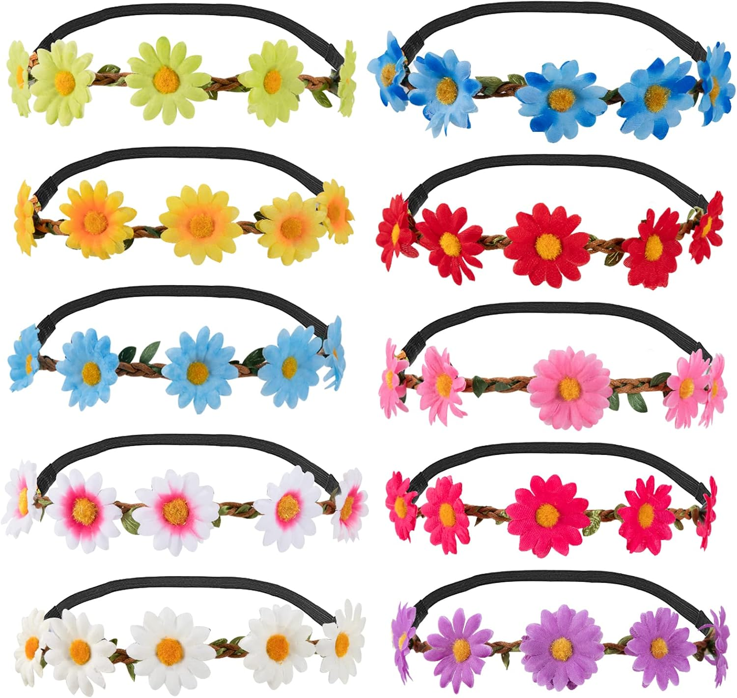 Flower Headband, Multicoloured, Women'S Girls' Flower Crown, Floral Garland Headbands with Elastic Band for Party, Holiday, Festival, Wedding, Pack of 10 image number 5