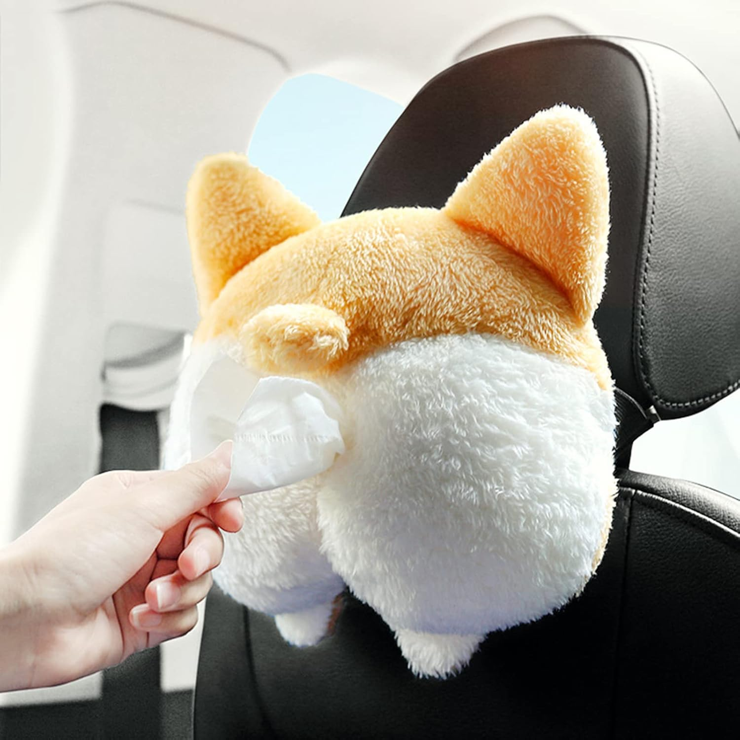 Car Tissue Box Holder - Cute Soft Plush Cat Corgi Butt Dispenser, Cartoon Animals Paper Napkin Storage Box for Home, Bathroom Accessories image number 6