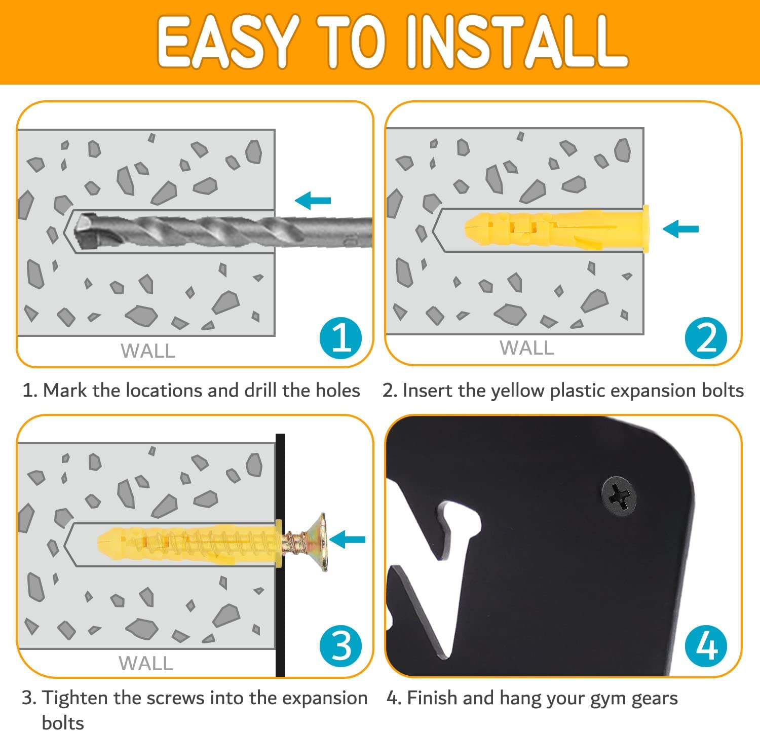 Gym Home Rack 8 Hook Heavy-Duty Wall-Mounted Organizer Multi-Purpose Workout Gear Wall Hanger Storage for Resistance Bands, Jump Ropes, Lifting Belt, Fitness Bands, Barbells Carabiners Included