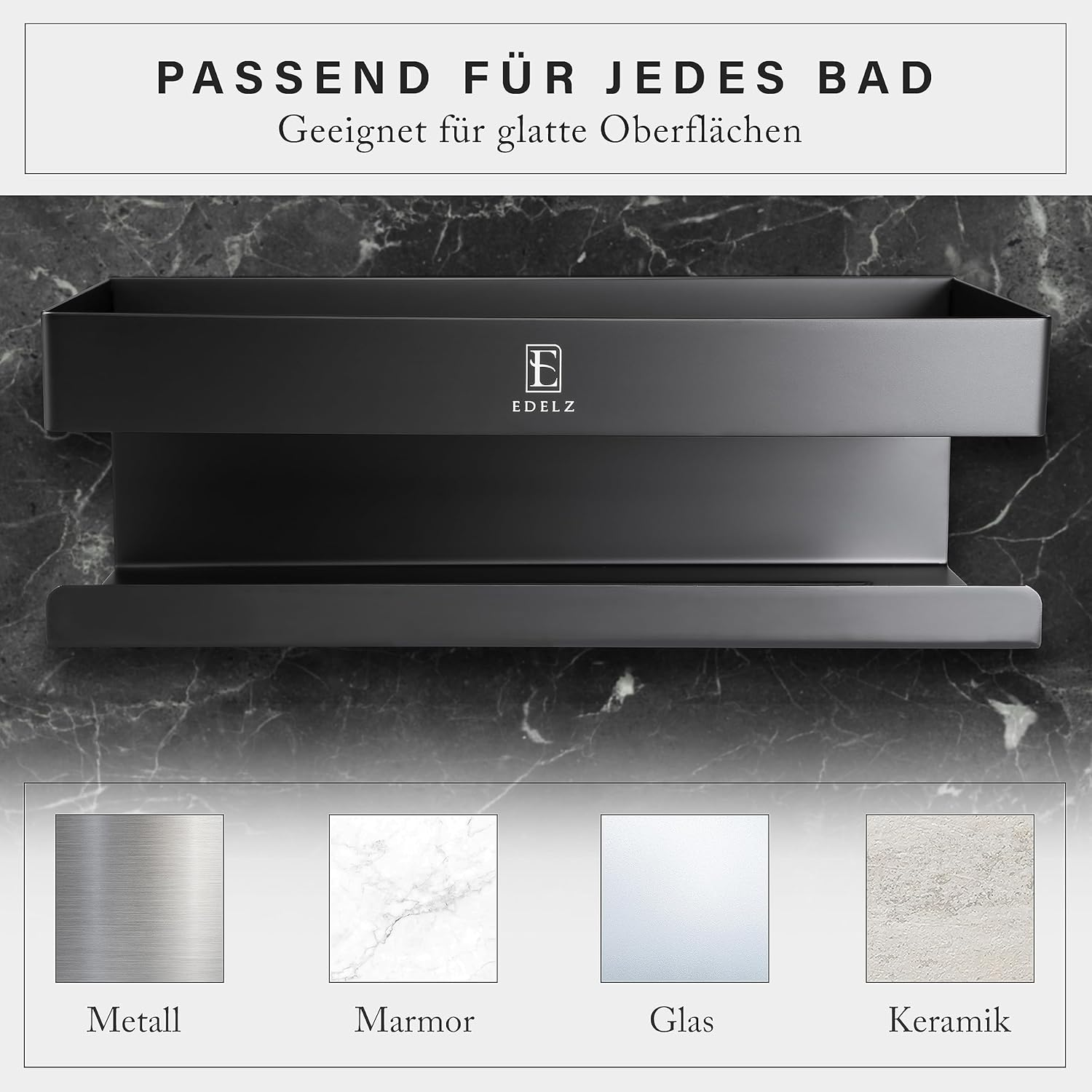 EDELZ&reg; Bathroom Shower Caddy Shower Basket No Drilling - Shampoo Holder for Shower for Gluing Made of Stainless Steel with Original 3M Adhesive Pads, 2 Movable Hooks, Extra Razor Holder (Stainless Steel Black) image number 3