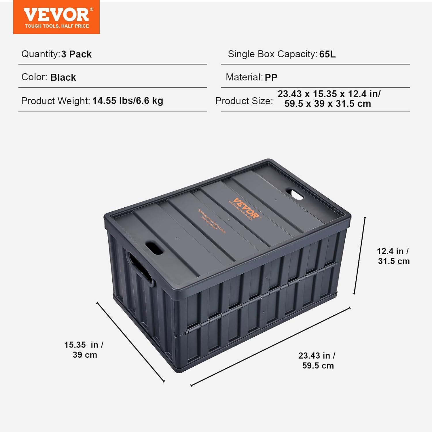 VEVOR 65L Collapsible Storage Bins with Lids 3 Packs, Stackable Utility Crates with Handles, Large Folding Containers for Organizing Tools, Books, Food, Drinks, Camping&Transport image number 1