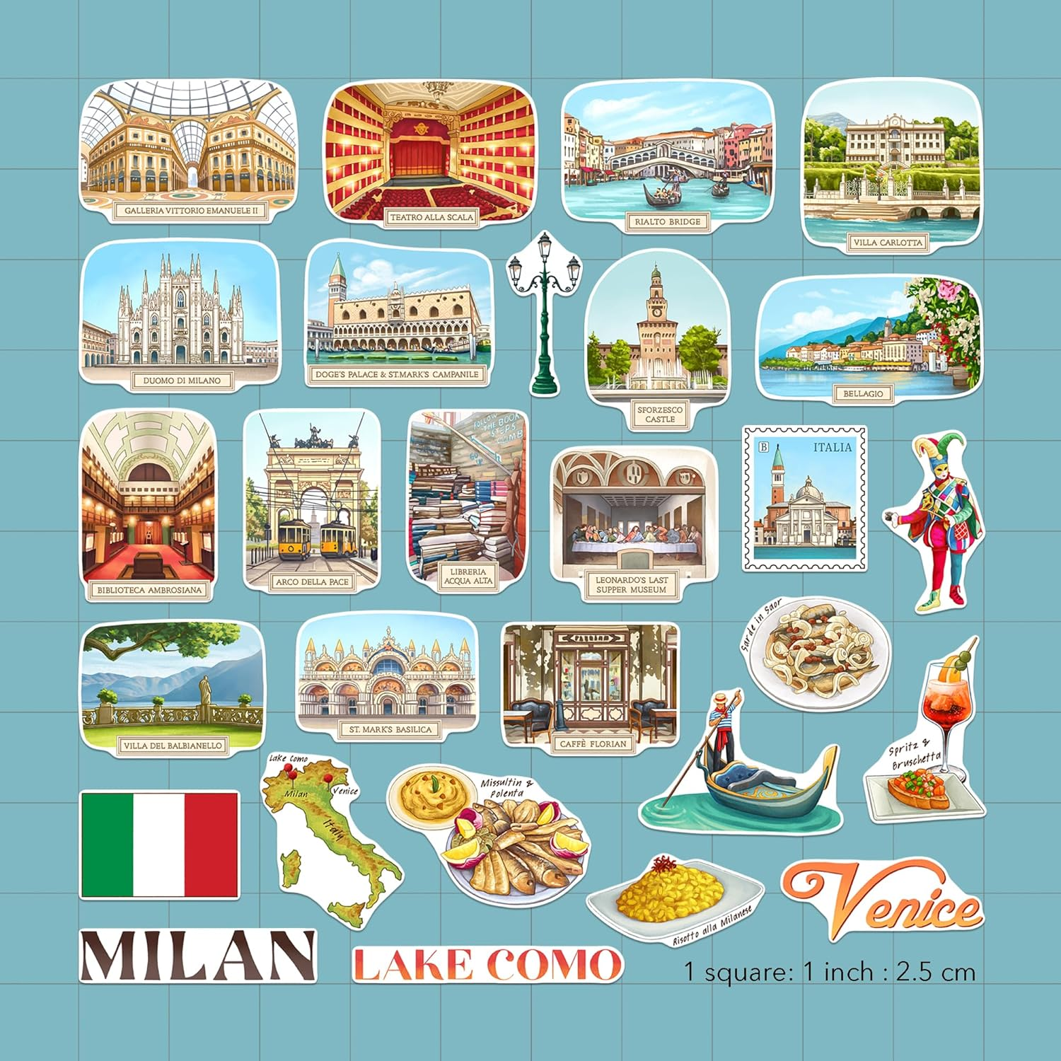 Navy Peony Northern Italy Travel Stickers (28Pcs) - Gouache Style, Waterproof, Milan Venice-Themed Vacation Decals for Scrapbooks, Waterbottle image number 4