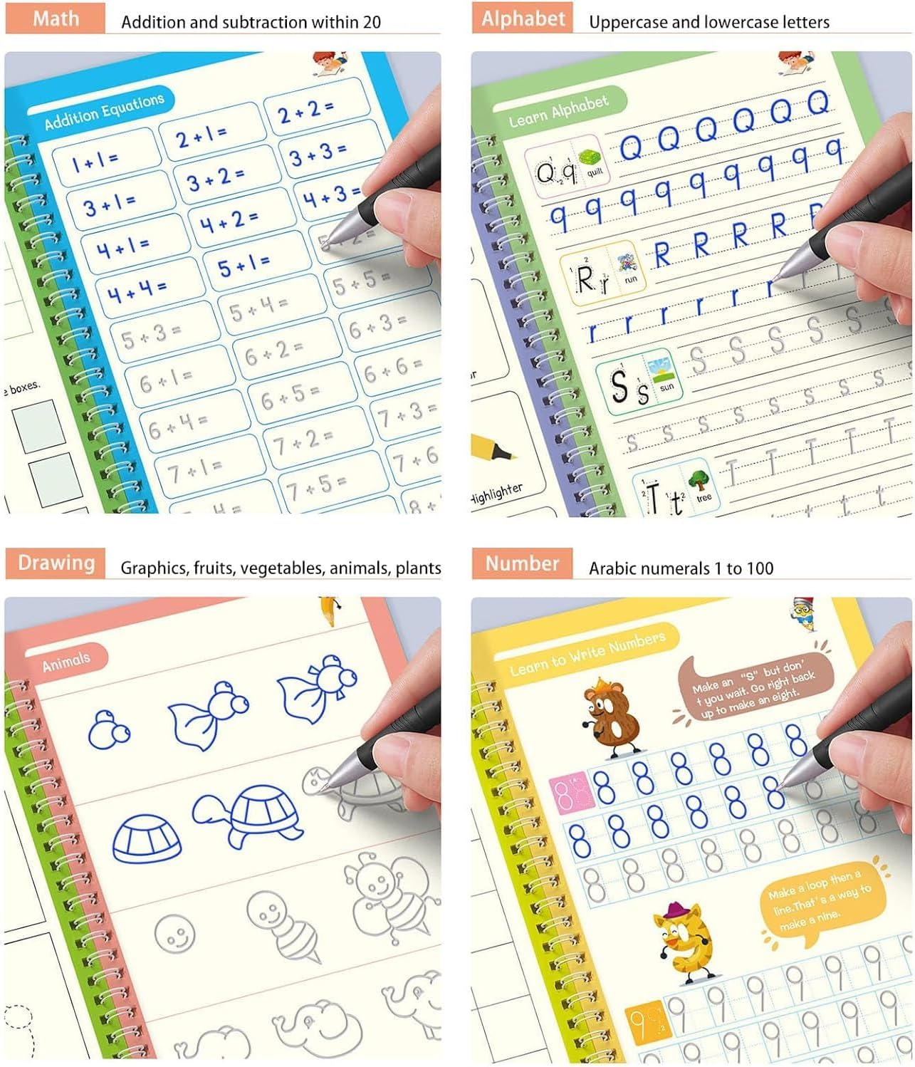 4 Pack Large Grooved Writing Book Set, Betterjonny Reusable Handwriting Book Practice, Tracing Alphabet, Numbers, Math and Drawing for Age 3-6 (4 Books & 4 Pens & 6 Aid Pen Grips & 40 Pen Refills) image number 3