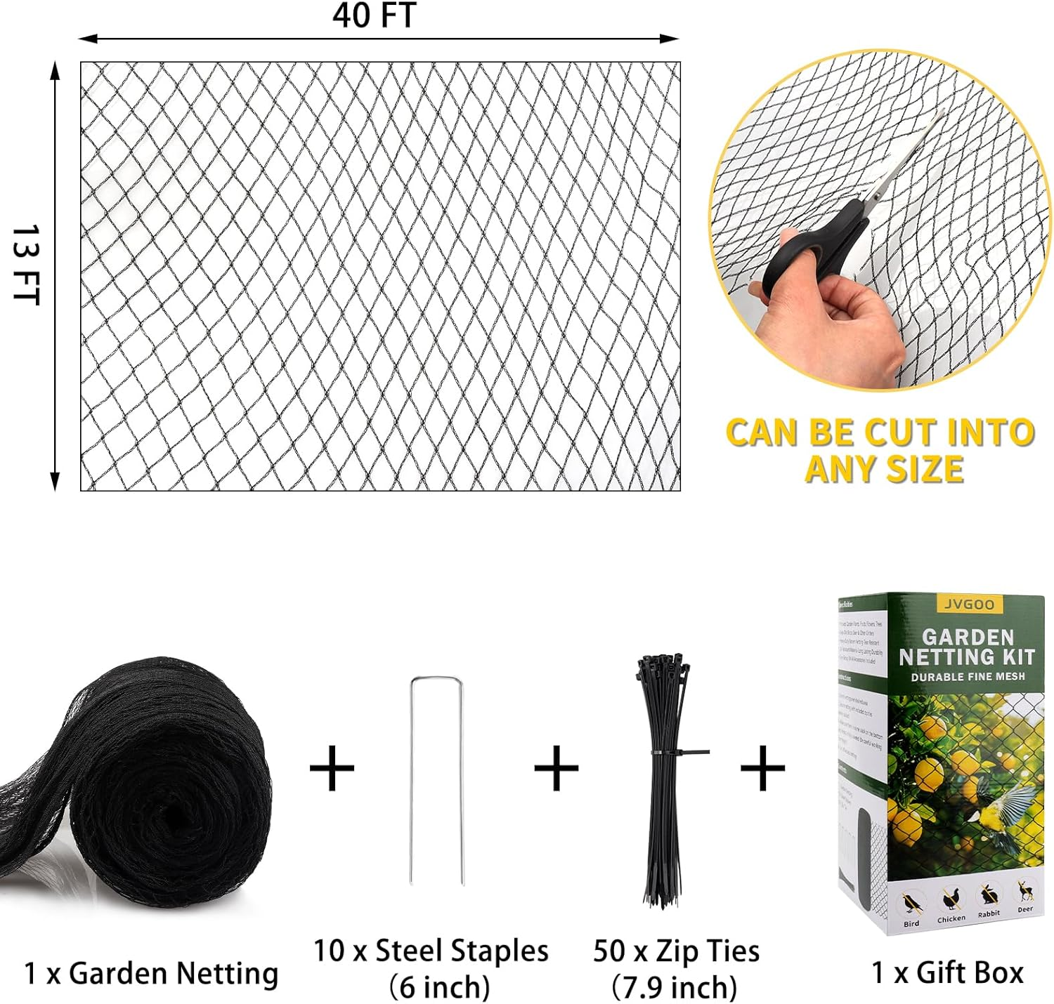 Bird Netting for Garden, 13 X 40 FT Bird Netting for Chicken Coop, Heavy Duty Garden Poultry Net Mesh with Ties and Staples for Fruit Trees Vegetables against Birds, Deer, Squirrels image number 6