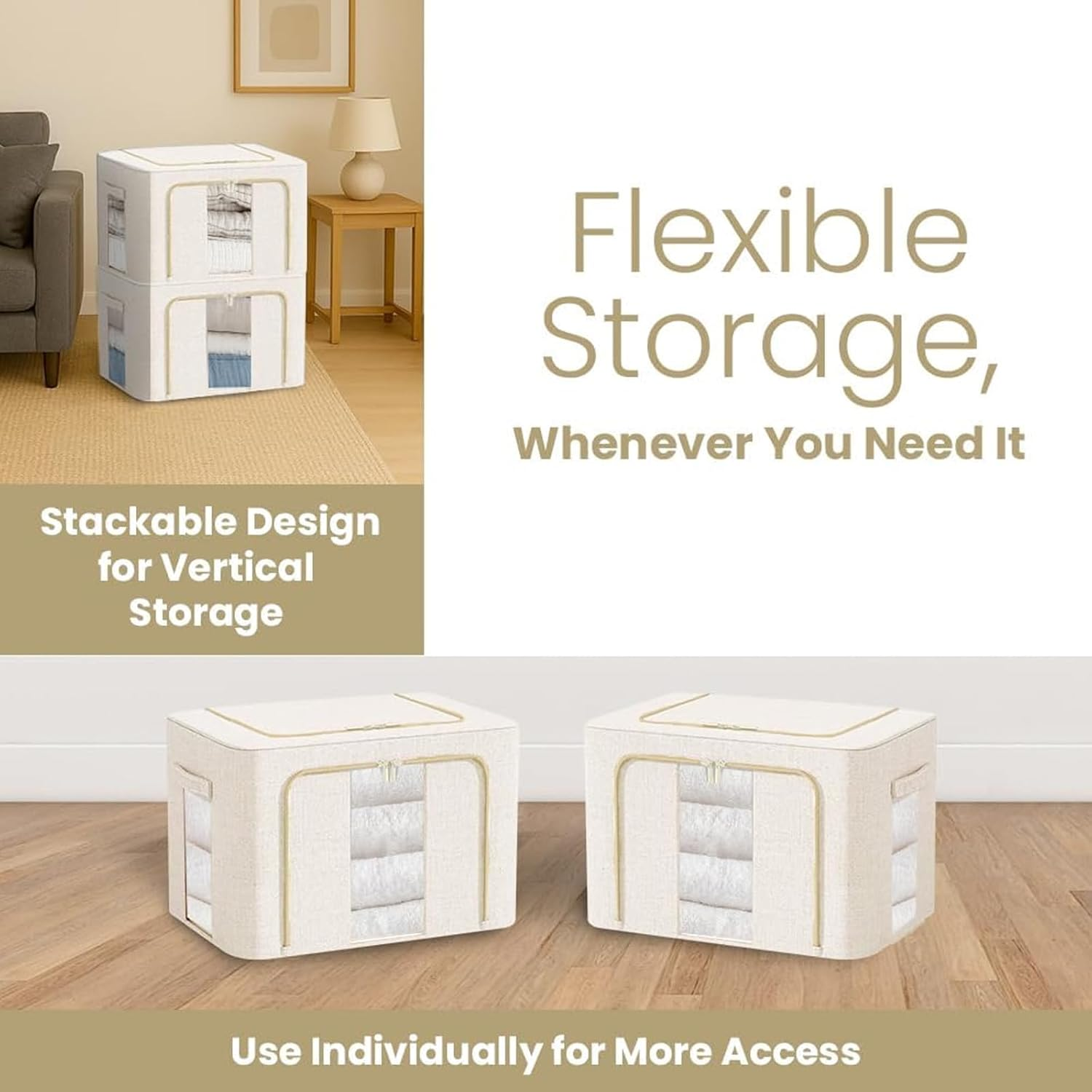 2 Pack Clothes Storage Box with Zipper, 66L Foldable Linen Container with Handles Large Capacity Storage Organizer (Milky White 66L) image number 3