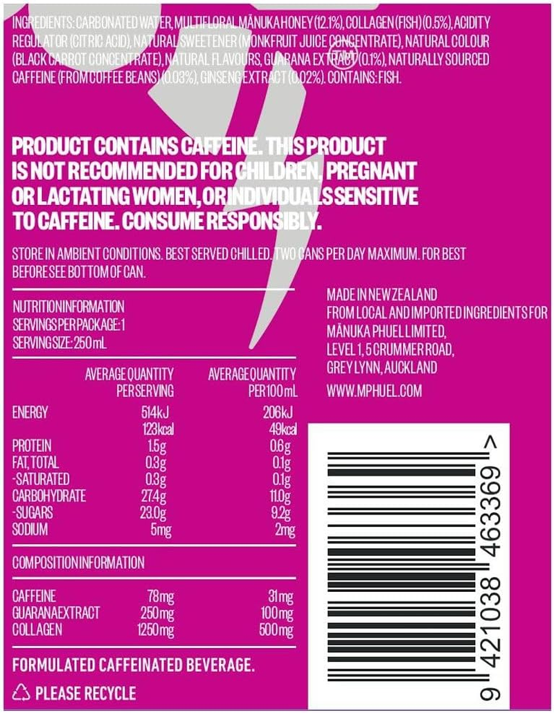 Manuka Phuel 100% Natural Energy Drink (250Ml X 12 Pack) with Marine Collagen - NO Synthetic Aftertaste - Powered by Guarana, Ginseng, Natural Caffeine, & Manuka Honey &ndash; Berry Collagen Buzz Flavour