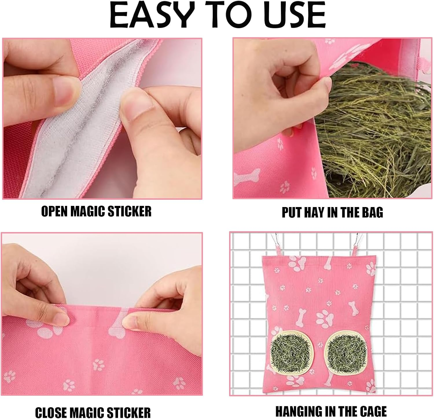 Xutong Pack of 3 Rabbit Hay Feeding Bags, Suitable for Small Rabbits, Hamsters, Guinea Pigs, Small Pets and Animals, Pink, White, Green image number 5