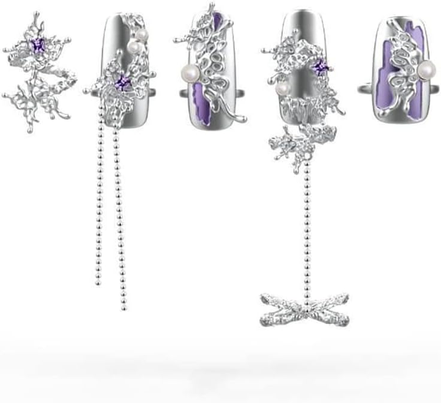 5Pcs Women Finger Tip Nail Rings, Adjustable Opening Nail Art Charms Accessories, Jewelry Fingernail Finger Tip Claw Nail, Fingernail Tip Fingernail Rings Set (Purple) image number 5