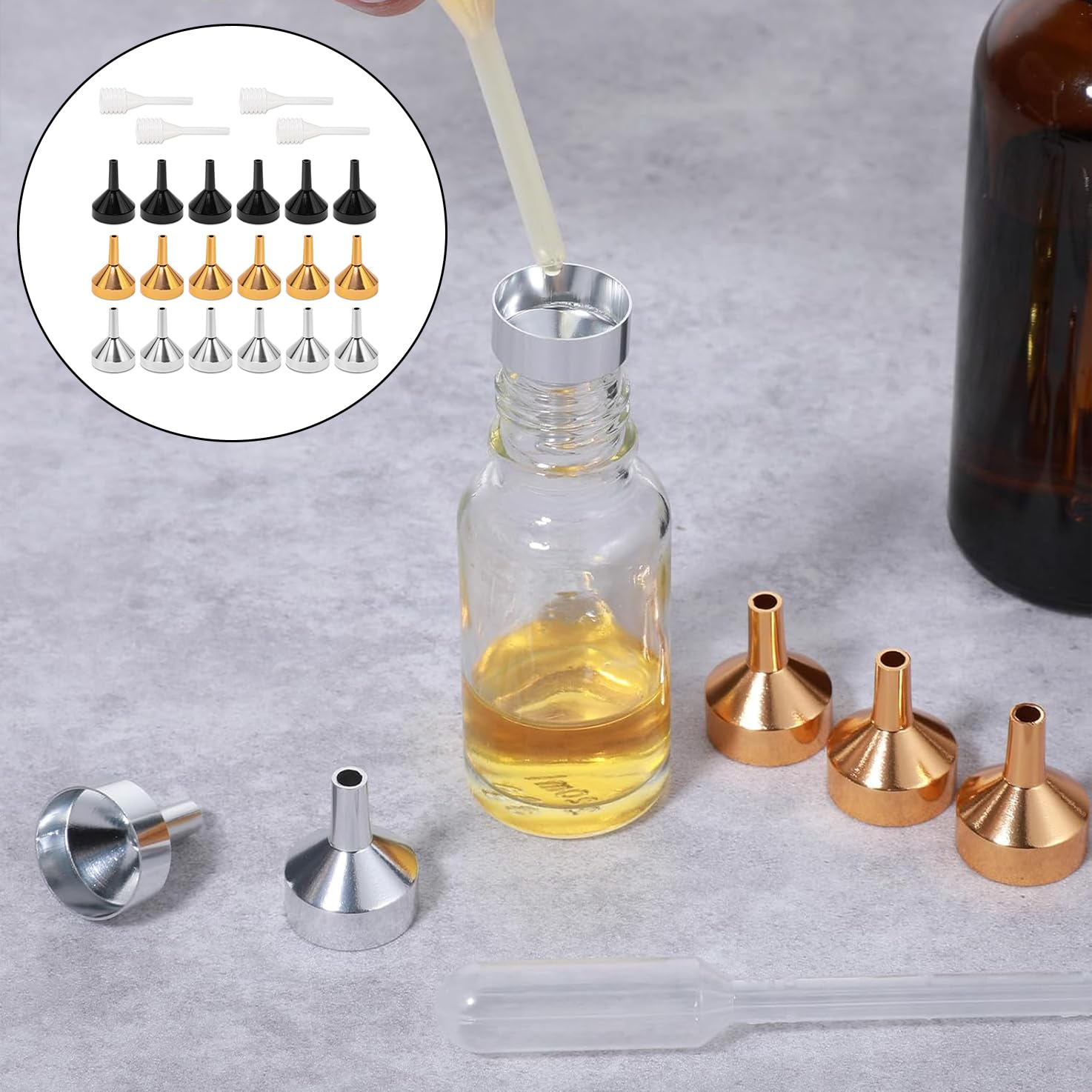 WADY 22 Pcs Small Metal Funnels with 4 Pack Mini Pipette, Metal Small Funnel Aluminum Alloy Funnel for Filling Bottles and Transferring Cosmetics Perfume, Kitchen Gadgets Accessories (Small) image number 1