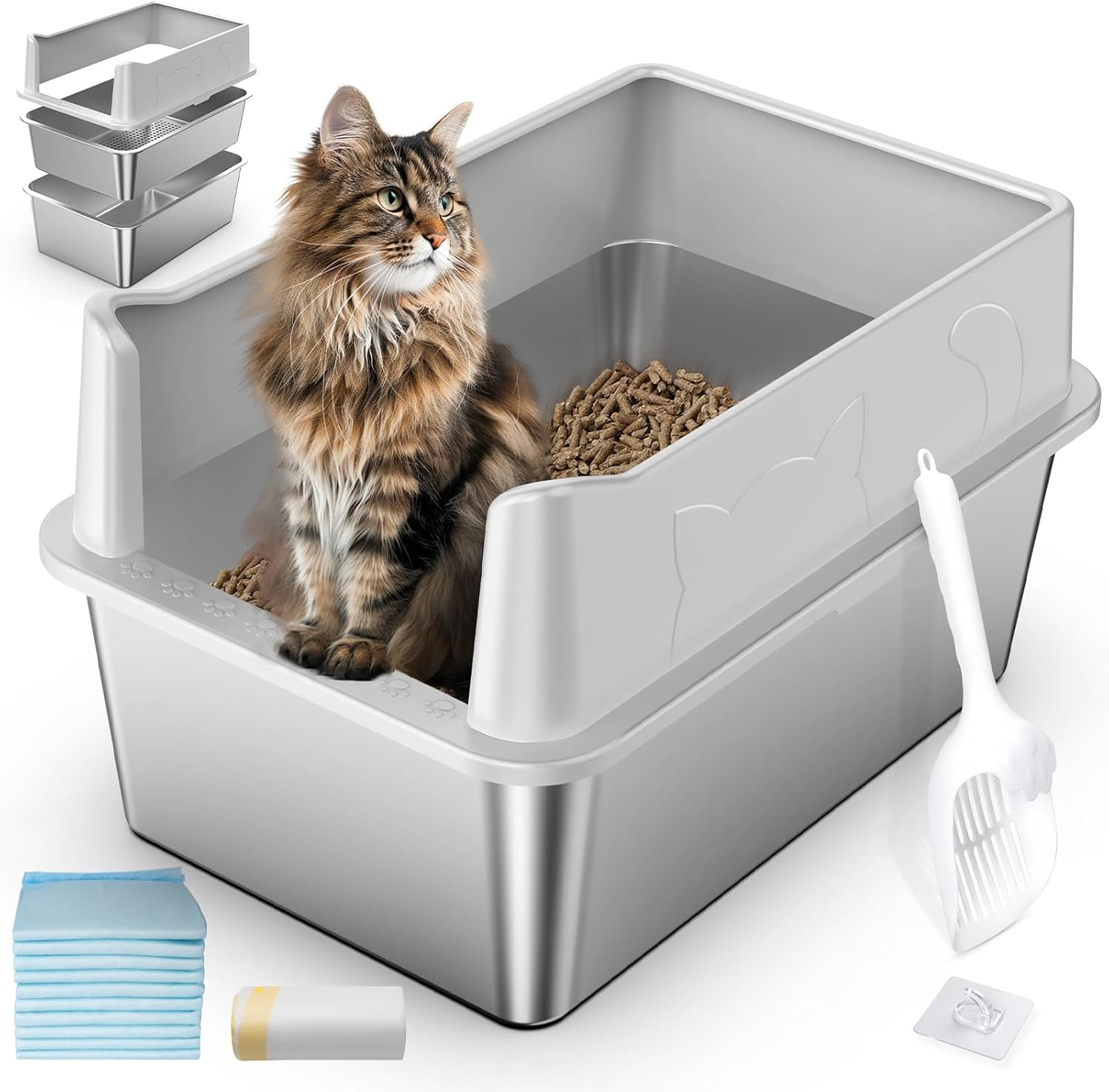 Stainless Steel Sifting Litter Box, 23.6" L X 15.7" W X 13" High Sided Metal Sifting Cat Litter Box for Pine Pellets, Enclosed Sifting Box with Lid, Anti-Leakage, Easy Clean for Big and Multiple Cats image number 1