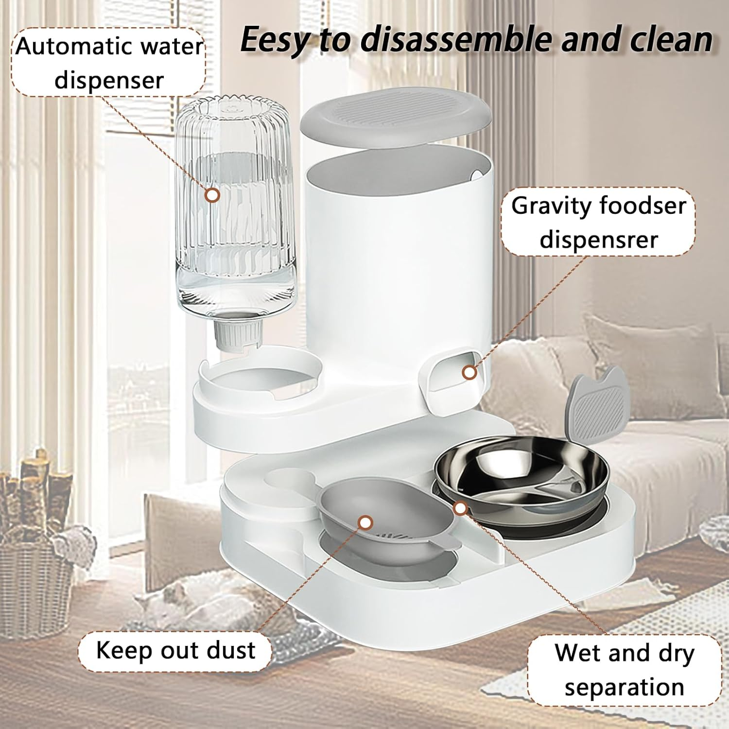 Gravity Cat Feeder and Water Dispenser, 2 in 1 Automatic Pet Waterer Detachable with Stainless Steel Pet Food Storage for Small Dog Puppy Cat Kitten Pet Easy Clean (Grey) image number 2