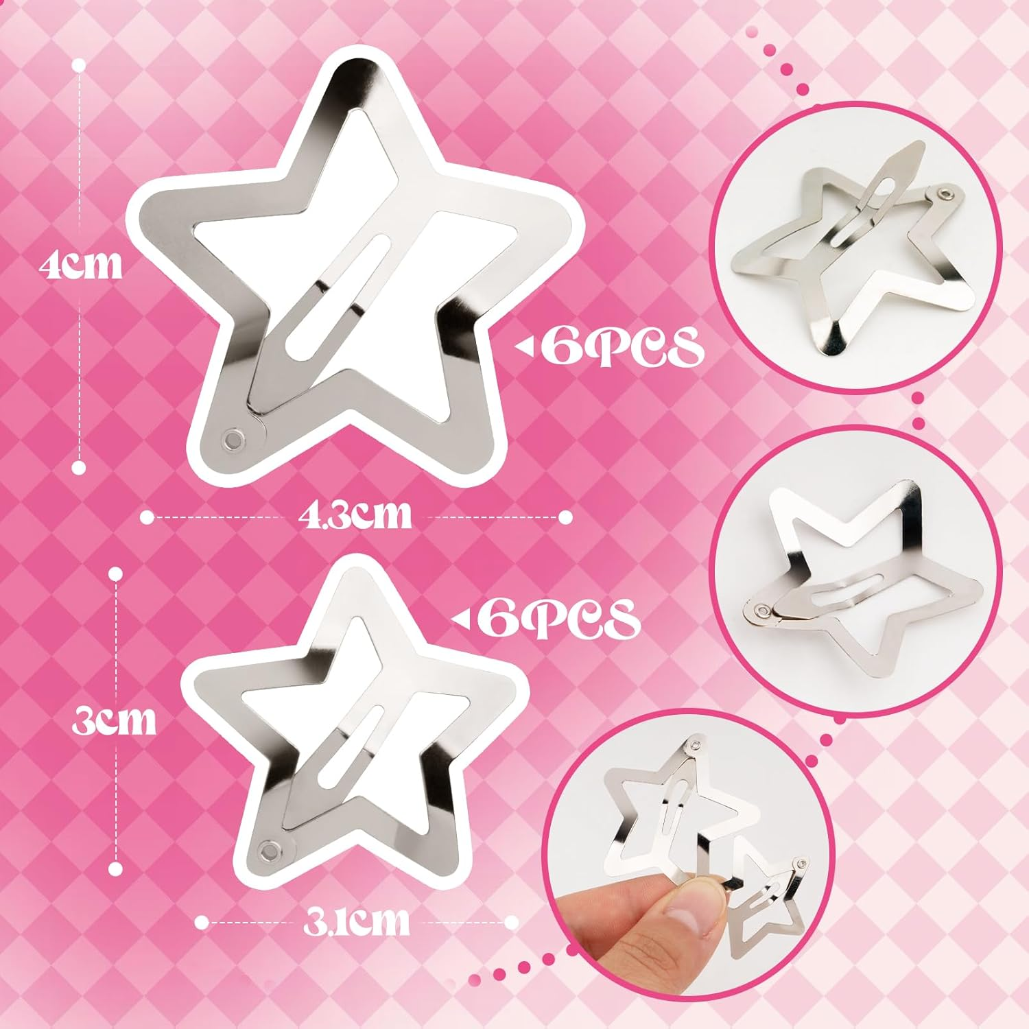BOFUNX 12Pcs Silver Star Hair Clips, 3Cm 4Cm Metal Star Hair Clips Non-Slip Snap Hair Barrettes for Women Girls Y2K Hair Accessories