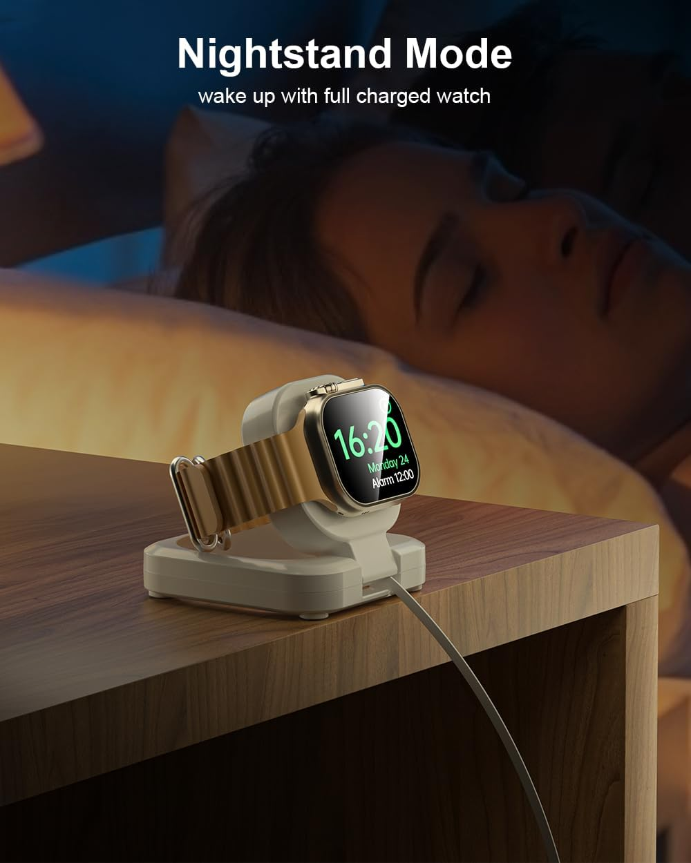 For Apple Watch Magnetic Charging Dock - 5W Wireless Fast Iwatch Charger Stand with USB C Cable, Nightstand Mode, for Apple Watch Ultra 2/10/9/8/7/6/SE/SE2/5/4/3/2, Portable Travel Retractable White image number 5