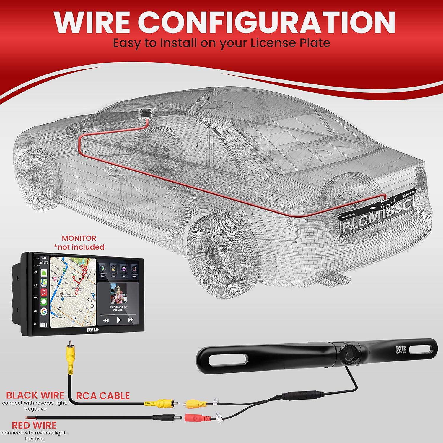 Pyle PLCM18BC License Plate Mount Rear View Backup Parking Reverse Camera, Built-In Distance Scale Lines, Night Vision Waterproof Cam, Zinc Black Chrome - Chrome image number 4