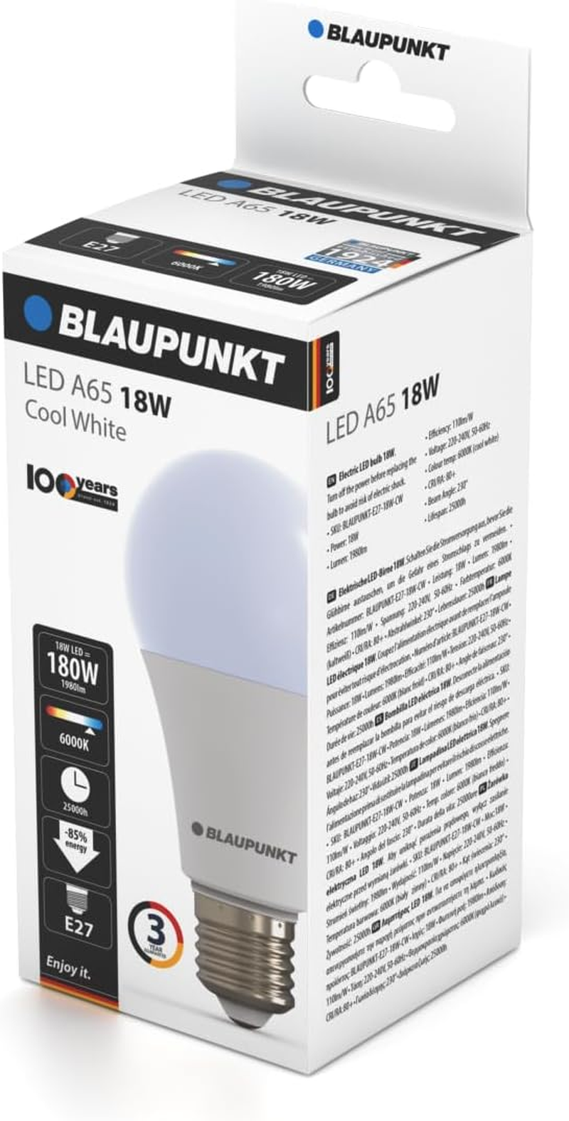 Blaupunkt LED Bulb Classic A65 LED Lamp, E27 Base Screw, 18W, Replaces 180W Incandescent, Cool White 6000K, Cold Light, Non-Dimmable, 1980 Lumen, Light Bulb, Room Lighting, 1 Piece (Pack of 1) image number 1