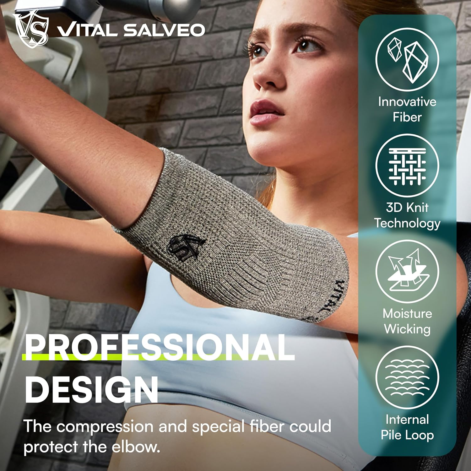 Vital Salveo- Medical Recovery Compression Support Elbow Sleeve/Brace,Germanium & Bamboo Charcoal ,Joint Pain Relief for Tendonitis, Golf, Tennis Elbow , Arthritis, Protection , Athletic, Workouts, Fitness (1 PC) (XXL) image number 3