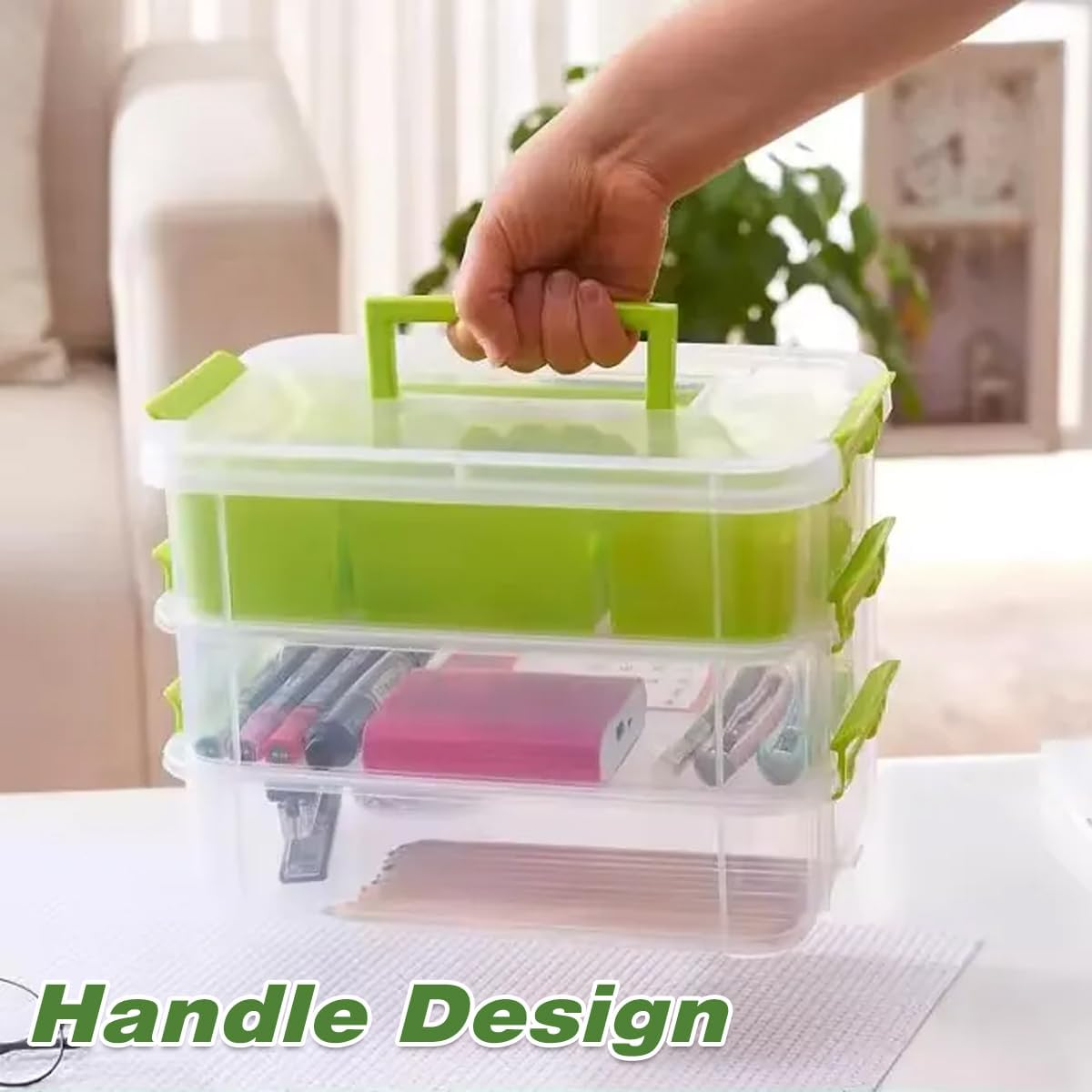 AIMALL 3-Layer Small Storage Box with 1 Inner Compartment, Green,  & Toy Organizer, Stackable Drawer for Toys and Small Parts, 10.23X6.96X7.48 Inches image number 4