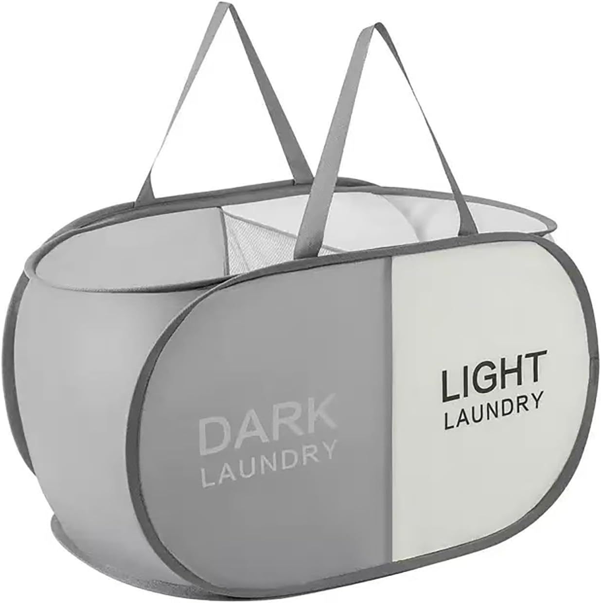 Xoxel 2 Sections Foldable Laundry Basket, Pop-Up Laundry Hamper,Tear-Resistant Sturdy Handle Mesh Dirty Clothes Basket Certified Space Saving,Suitable for Bedroom,Laundry Room/Rv Travel Grey-White