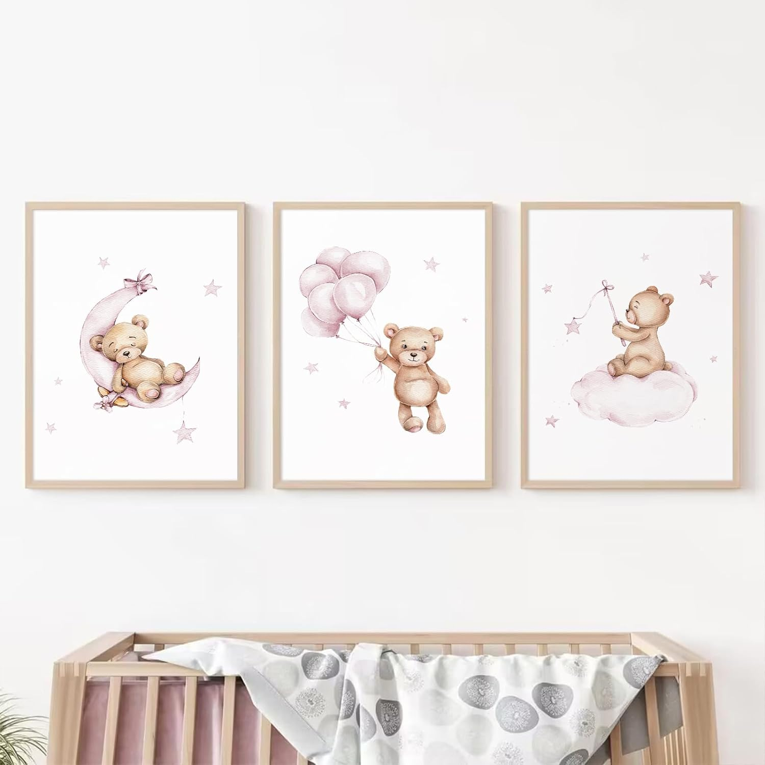 Bear Canvas Wall Art Set of 3 Teddy Bear Prints - Baby Boy & Girl Nursery Pictures - Moon Star Cloud Neutral Theme - 12X16 Inch Unframed