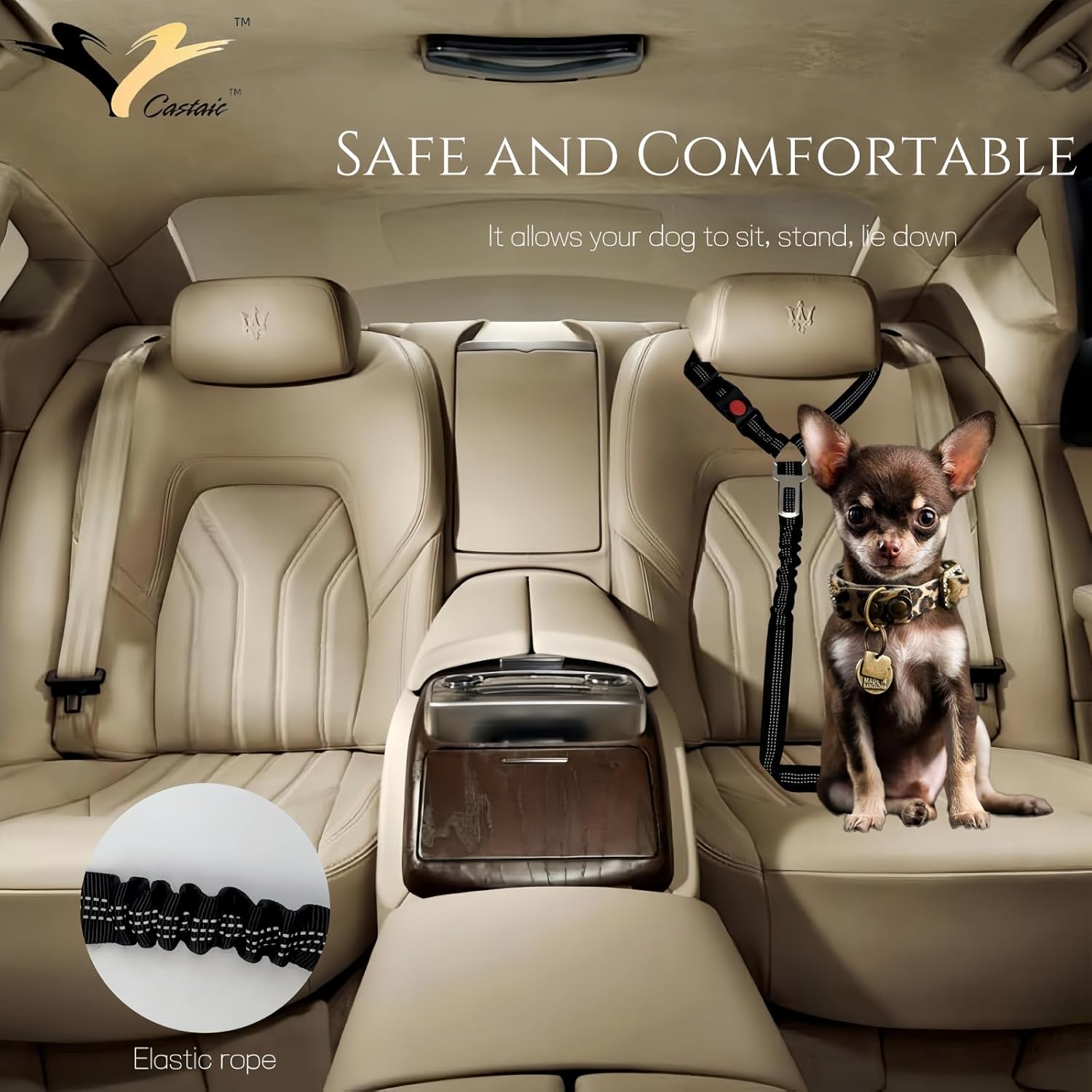Castaic 2-In-1 Dog Seat Belt and Leash, 2 Pack Pet Safe Guard Car Seat Belt, Adjustable Seatbelt Headrest with Nylon Fabric Reflective Stripe (Black) image number 3