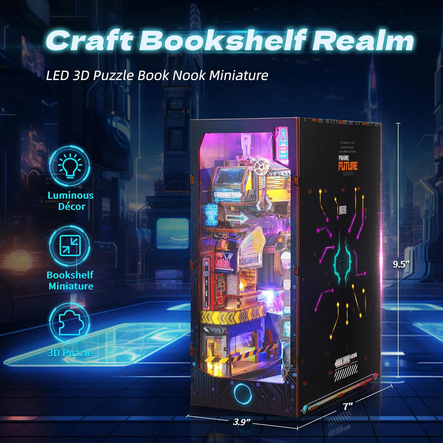 3D Wood Puzzle Book Nook Kit, Futuristic Miniature Bookshelf Insert with LED Lights, DIY Cyberpunk Bookend D&eacute;cor for Display, Unique Craft for Adults and Teens (Endless Dimensions) image number 2